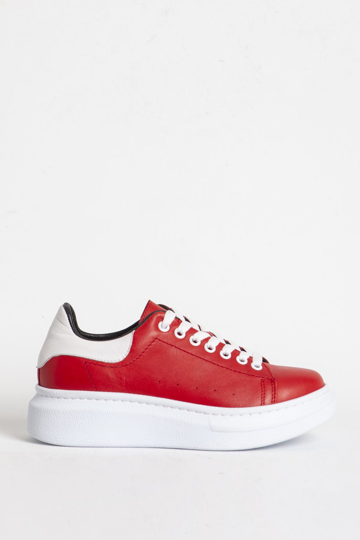 Dericlub-Women's Sneakers - Thick Sole, Lace-up, Genuine Leather, Casual Sports Shoes, Red/White 1