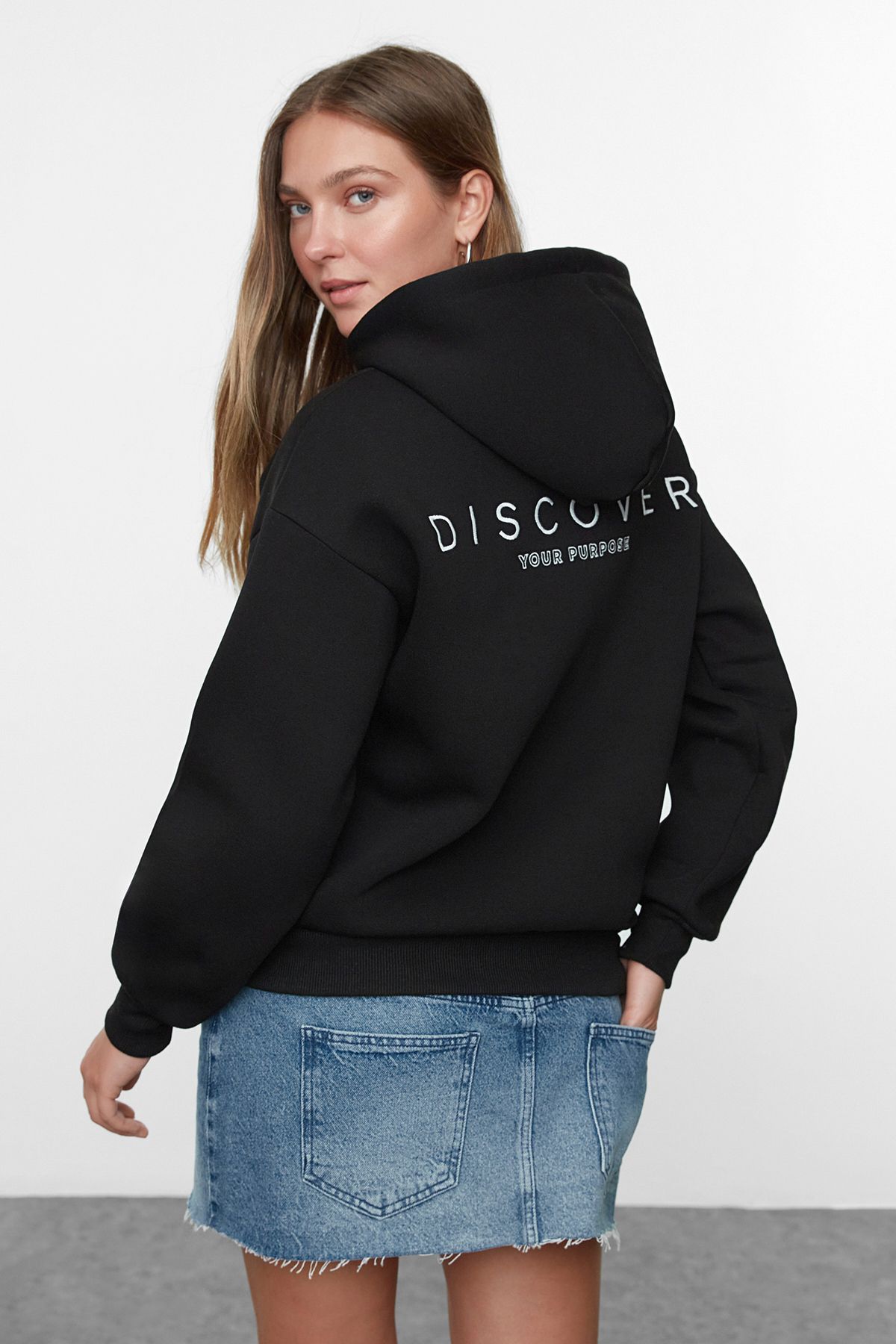 Trendyolmilla Saks Kapüşonlu Sırt Baskılı Oversize/Geniş