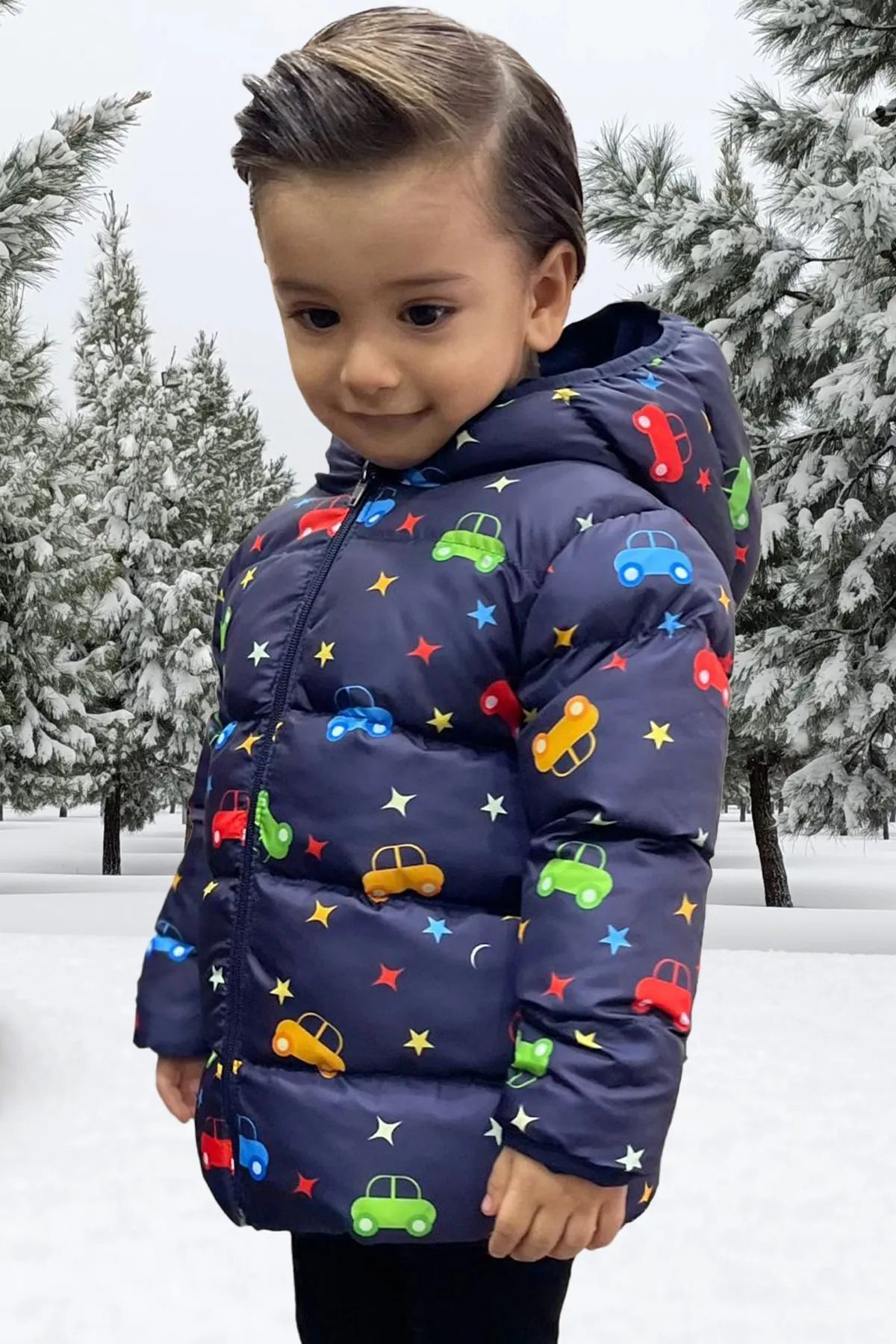 freemen Erkek Çocuk Polarlı Kapüşonlu Araba Yıldız Ay Desenli Kışlık Şişme Mont & Kaban & Parka fotoğrafı 3 (önizleme)