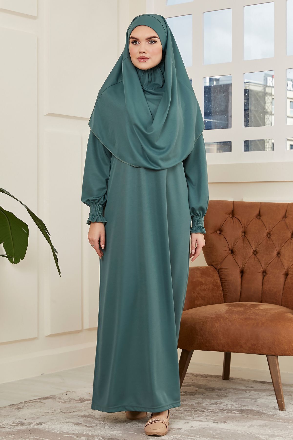 AVVER Kadın Kol Detaylı Namaz Elbisesi Tek Parça Kendiliğinden Başörtülü