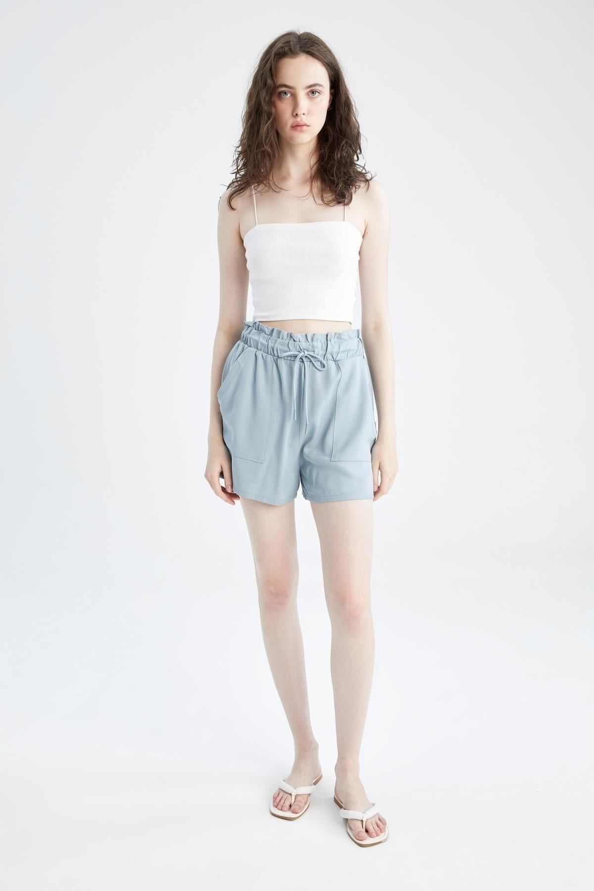 DeFacto-Regular Fit Lace-Up Waist Basic Plain Viscose Shorts X4721Az22Sm 2