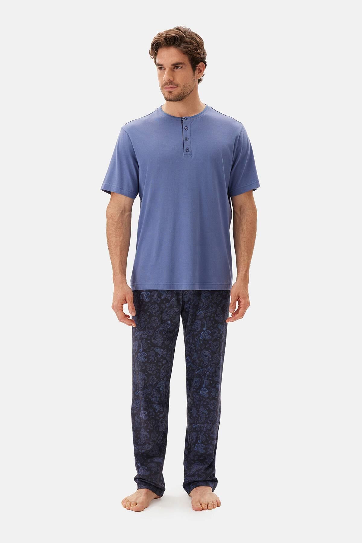 ست پیژامه مردانه لباس خواب نیلی نیمی از سجاده T SHIRT Dagi