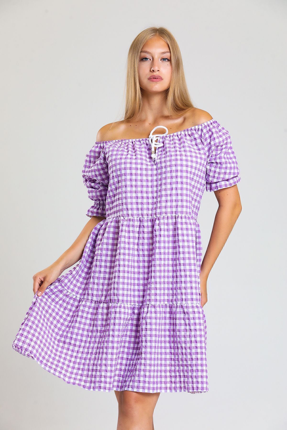  Sense Lıla Gipeli Büzgülü Reglan Yaka Gofre Elbise | Elb33651
