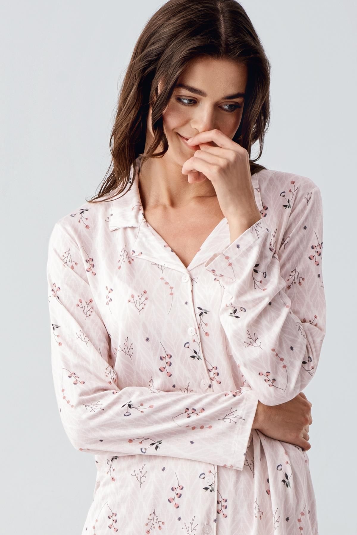 Artış-Flexible Viscose Pajama Set - Long Sleeve and Patterned Buttoned 3