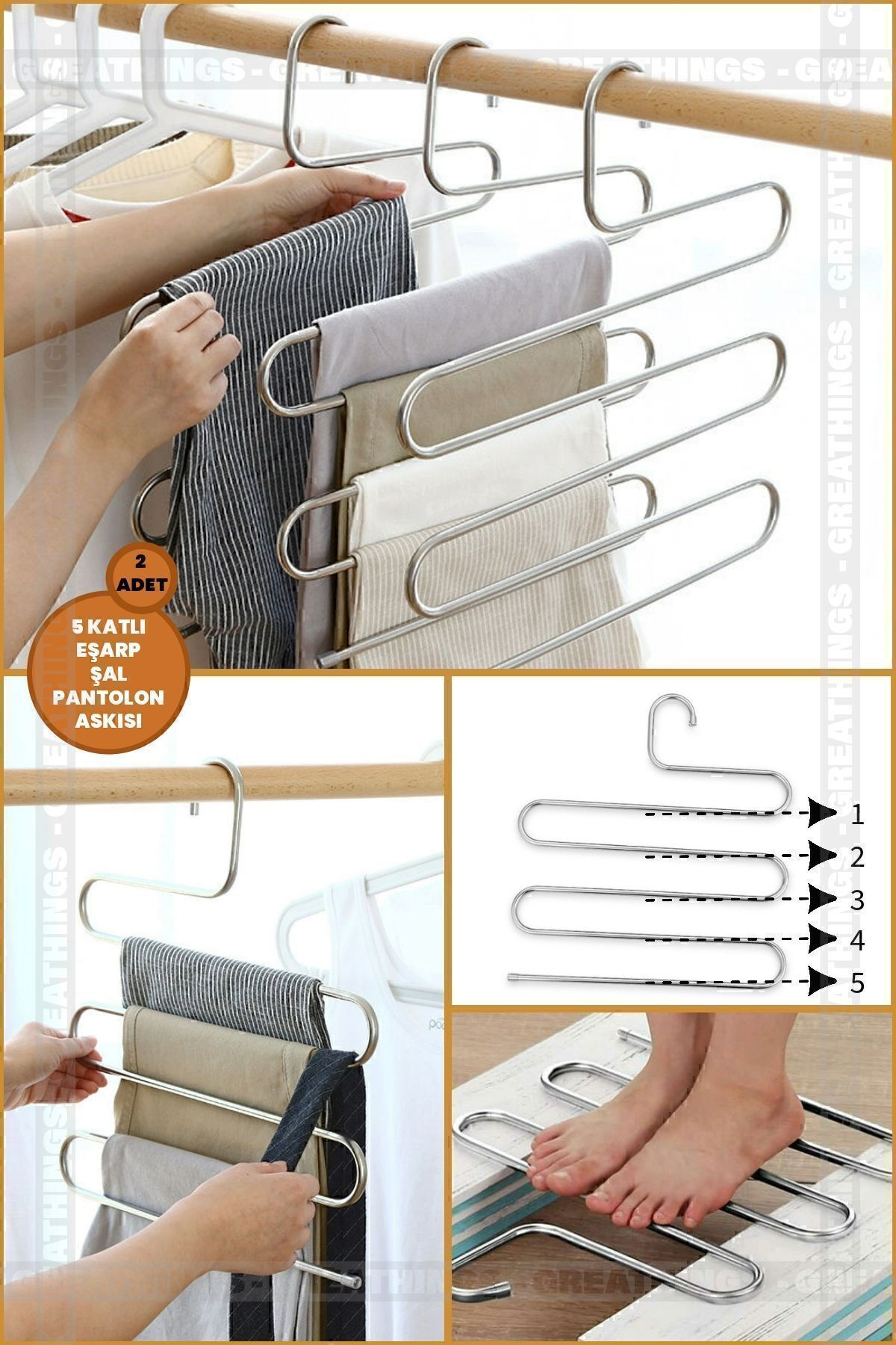 Greathings 2 Bucăți - Umeraș Pentru Șal Pentru Pantaloni În Interiorul Dulapului Din Metal Cu 5 Straturi, Cuier Multiplu, Cuier Inteligent Decorativ -