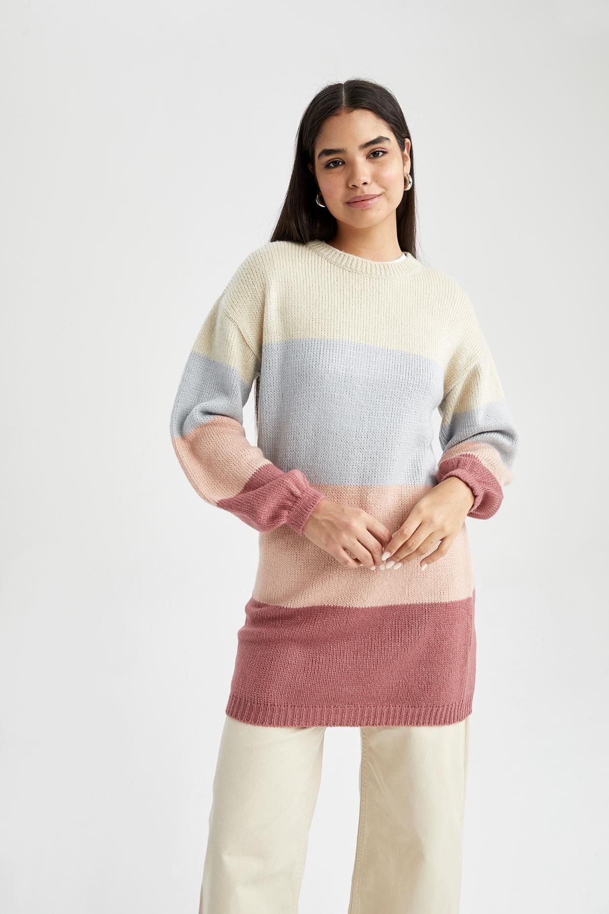 DeFacto-Regular Fit Crew Neck Color Block Basic Plain Tunic Z8082Az22Wn 4