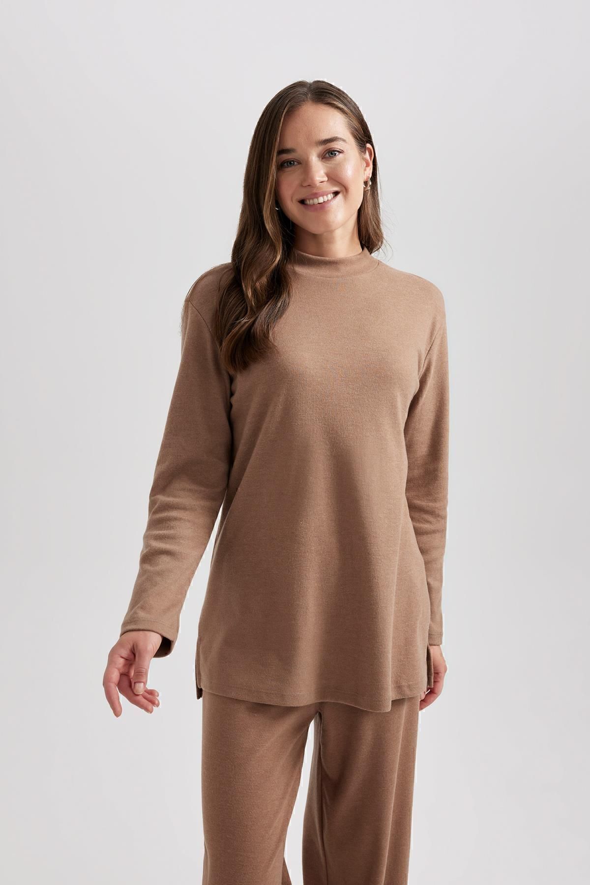 DeFacto-Long Sleeve Half Turtleneck Softshell T-Shirt Tunic - Soft Feather A5622Ax23Wn 4