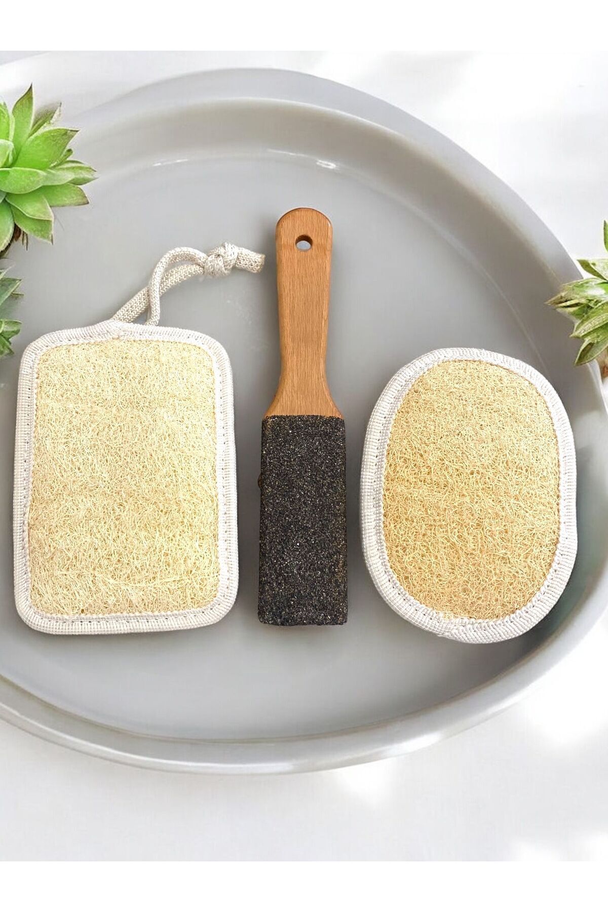 ASLANCAN Ahşap saplı topuk törpüsü ve 2 kabak lifi kese set