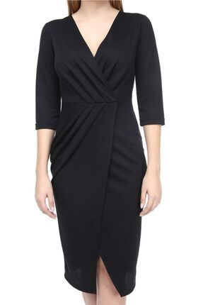 AVVER Kadın Siyah Pileli Mila Kumaş Kruvaze Elbise