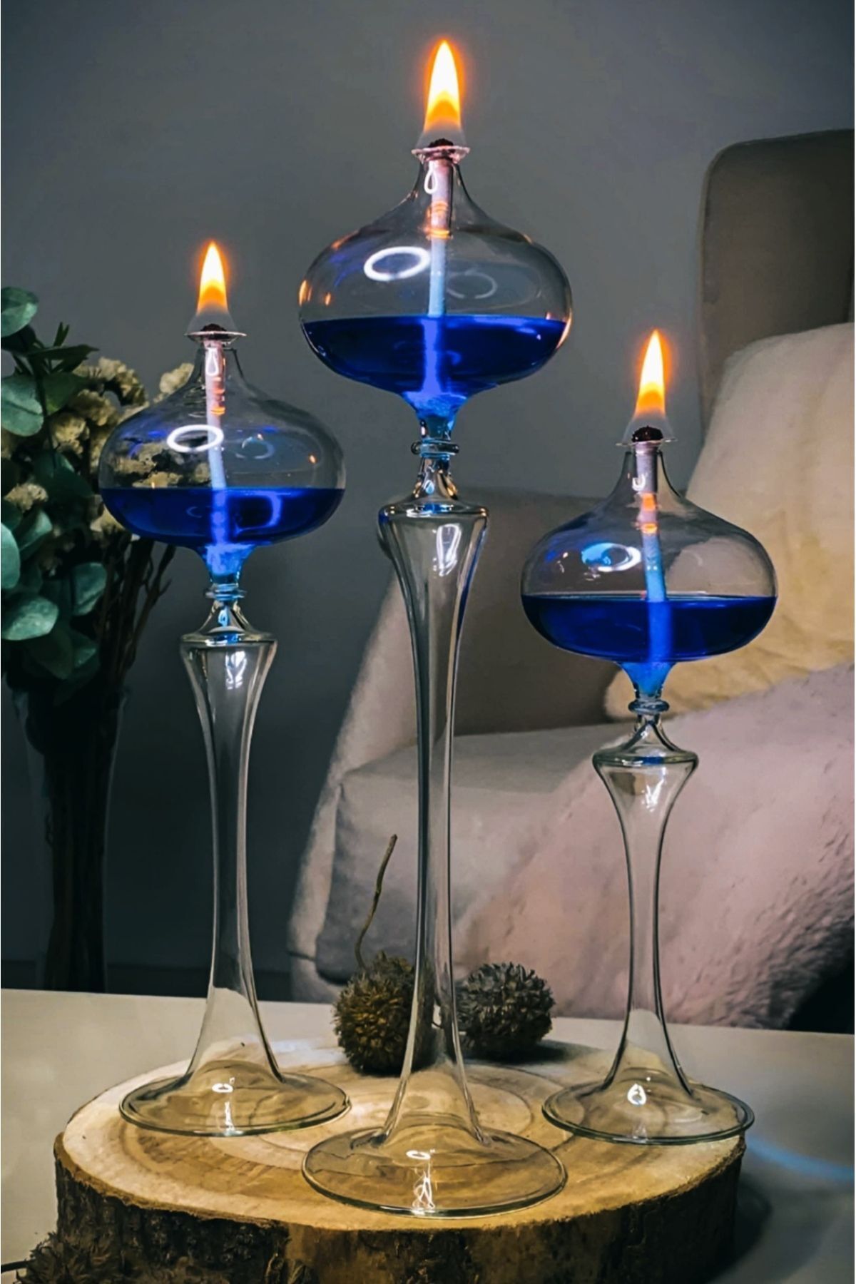 Shabbo Glass Elips Şamdan Cam Kandil 3lü Seti Hediyelik Dekoratif