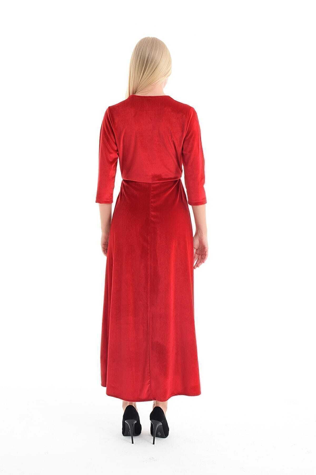 Sense-Women's Red Double Breasted Collar Skirt Split Velvet Dress Elb31776 3