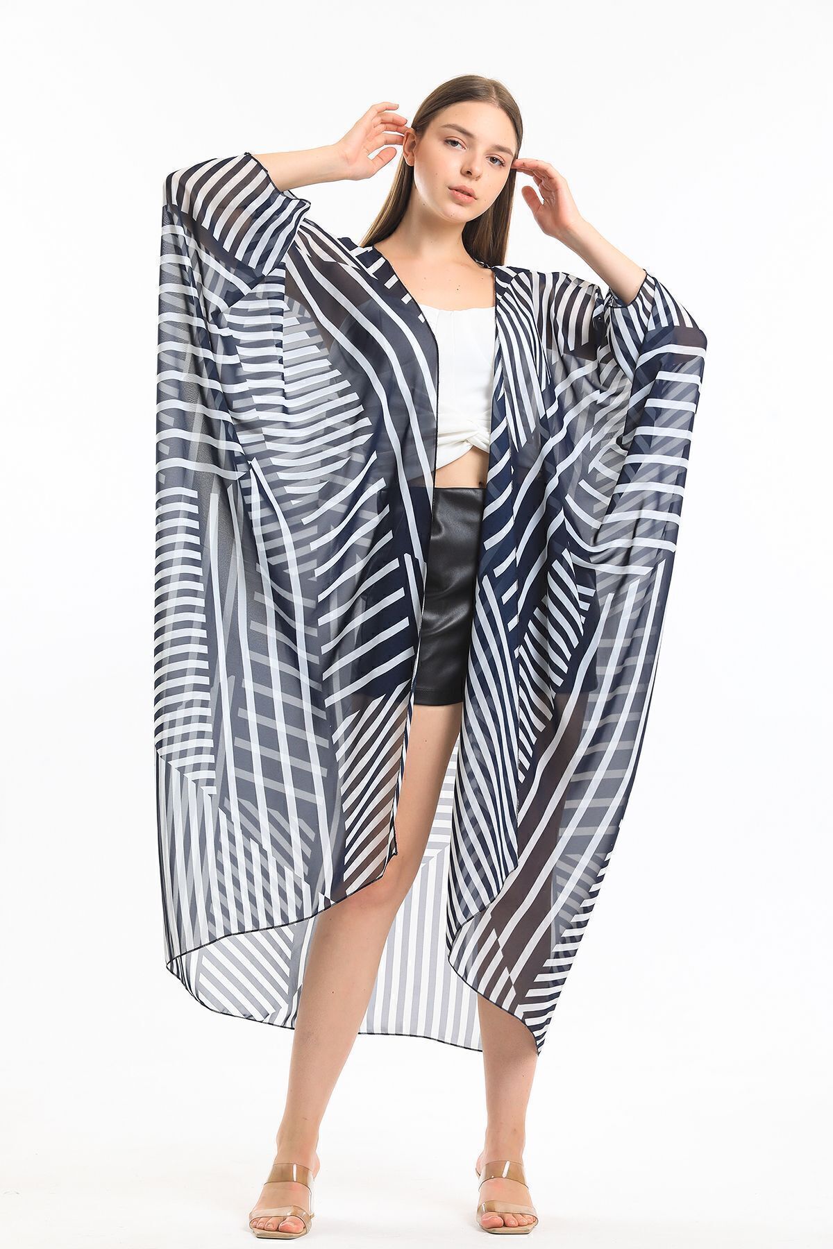  Sense Laci Kalın Çizgili Şifon Plaj Kimono | ELB33597
