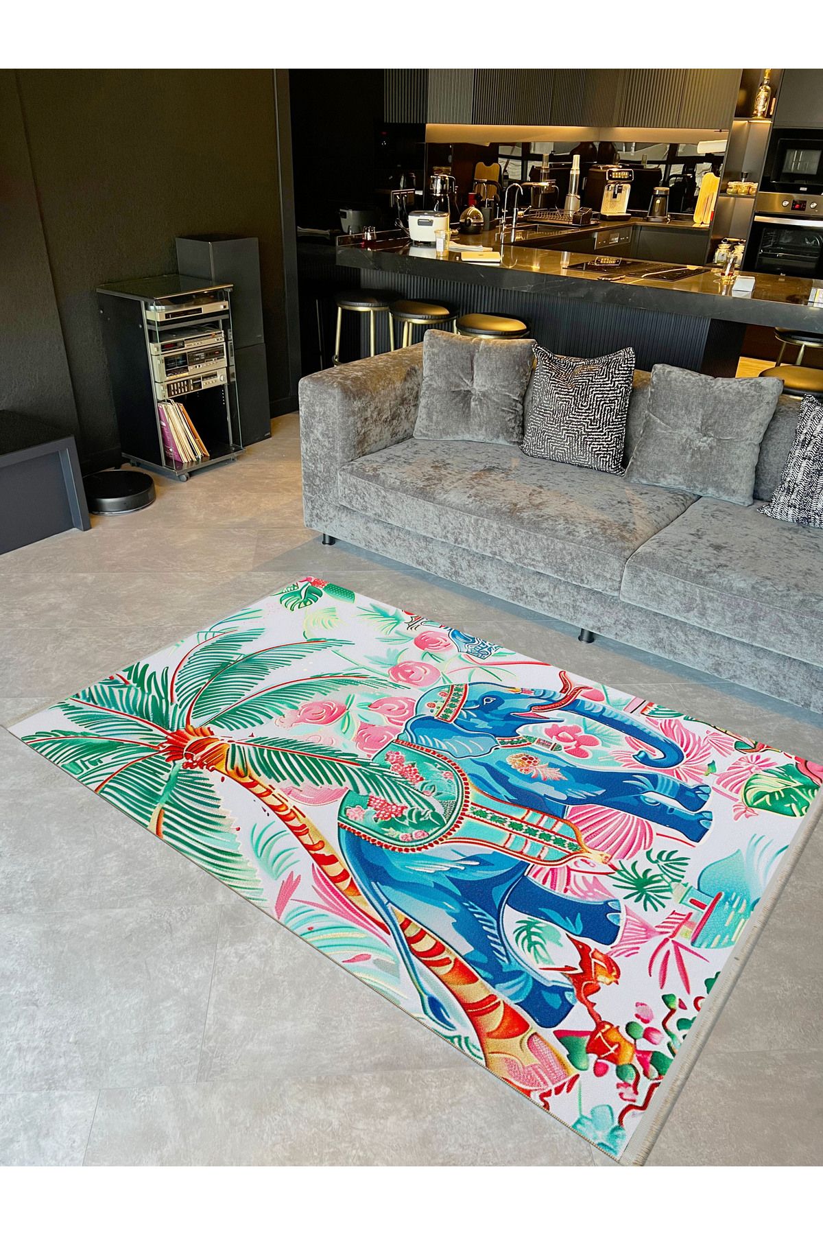 Paris Collection Modern Decorative Carpet with Multicolor Palm and Elephant Detail paris38