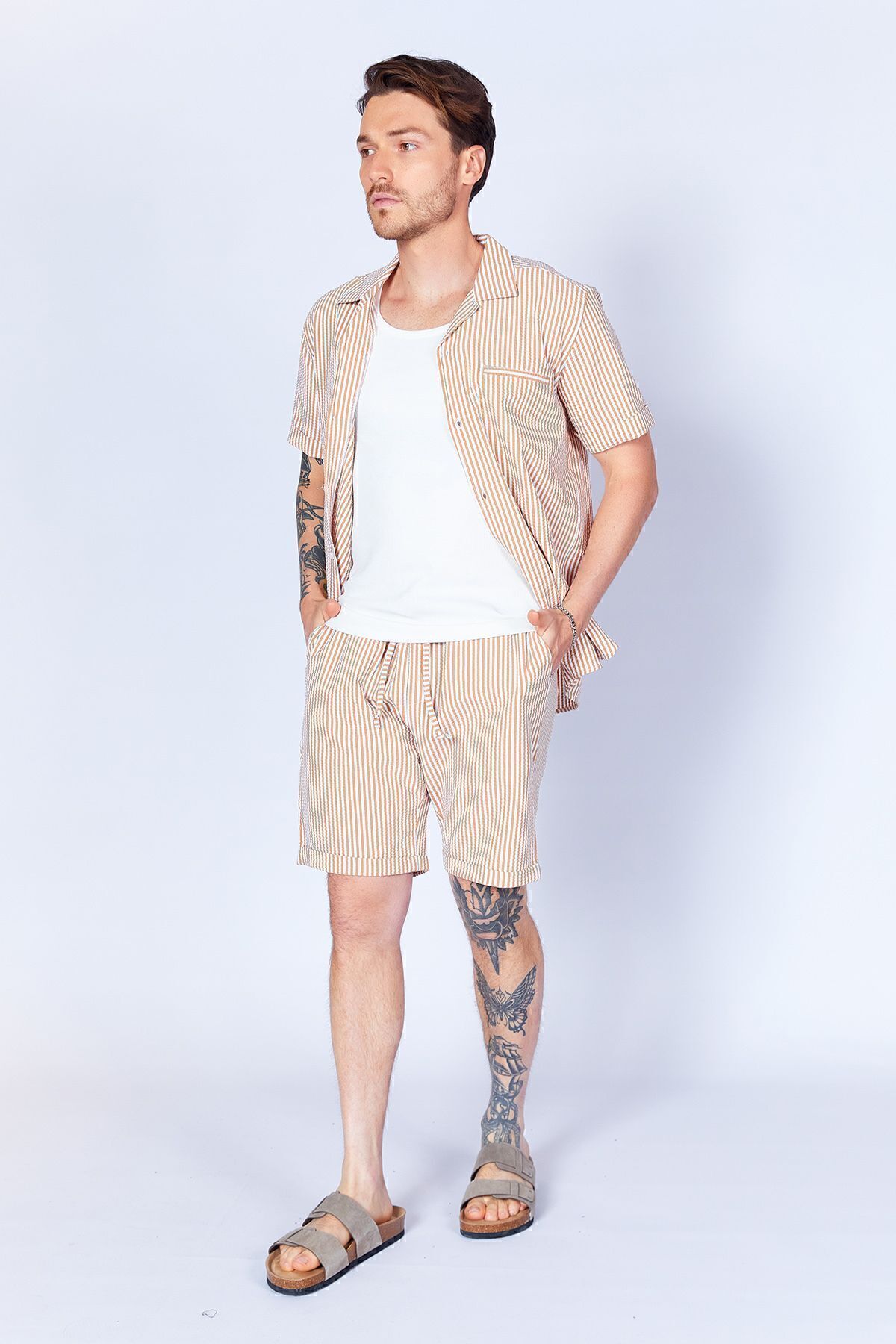 MAN EDITION-Men's Jogger Shorts - Camel Seersucker Striped, Elastic Waist| Ees650453-0453 6