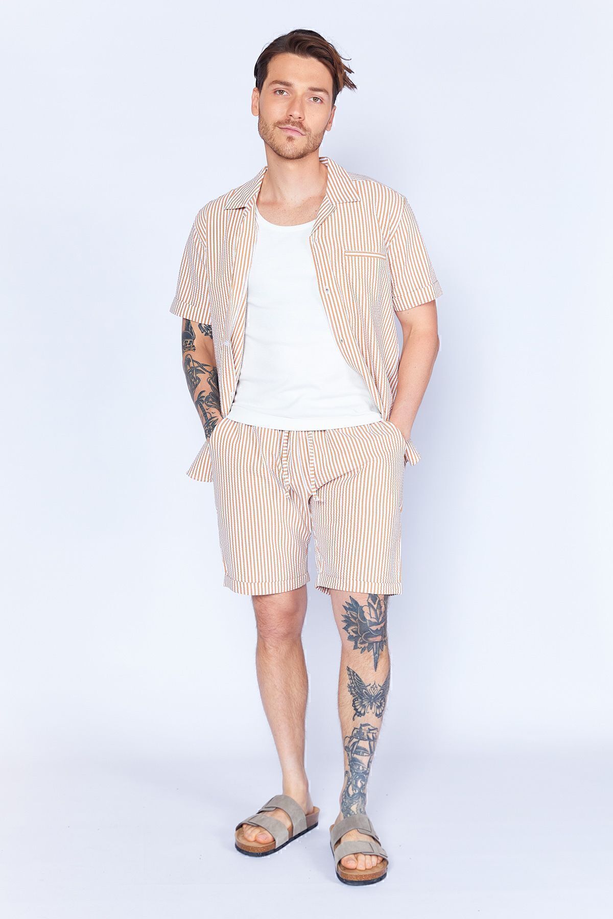 MAN EDITION-Men's Jogger Shorts - Camel Seersucker Striped, Elastic Waist| Ees650453-0453 3