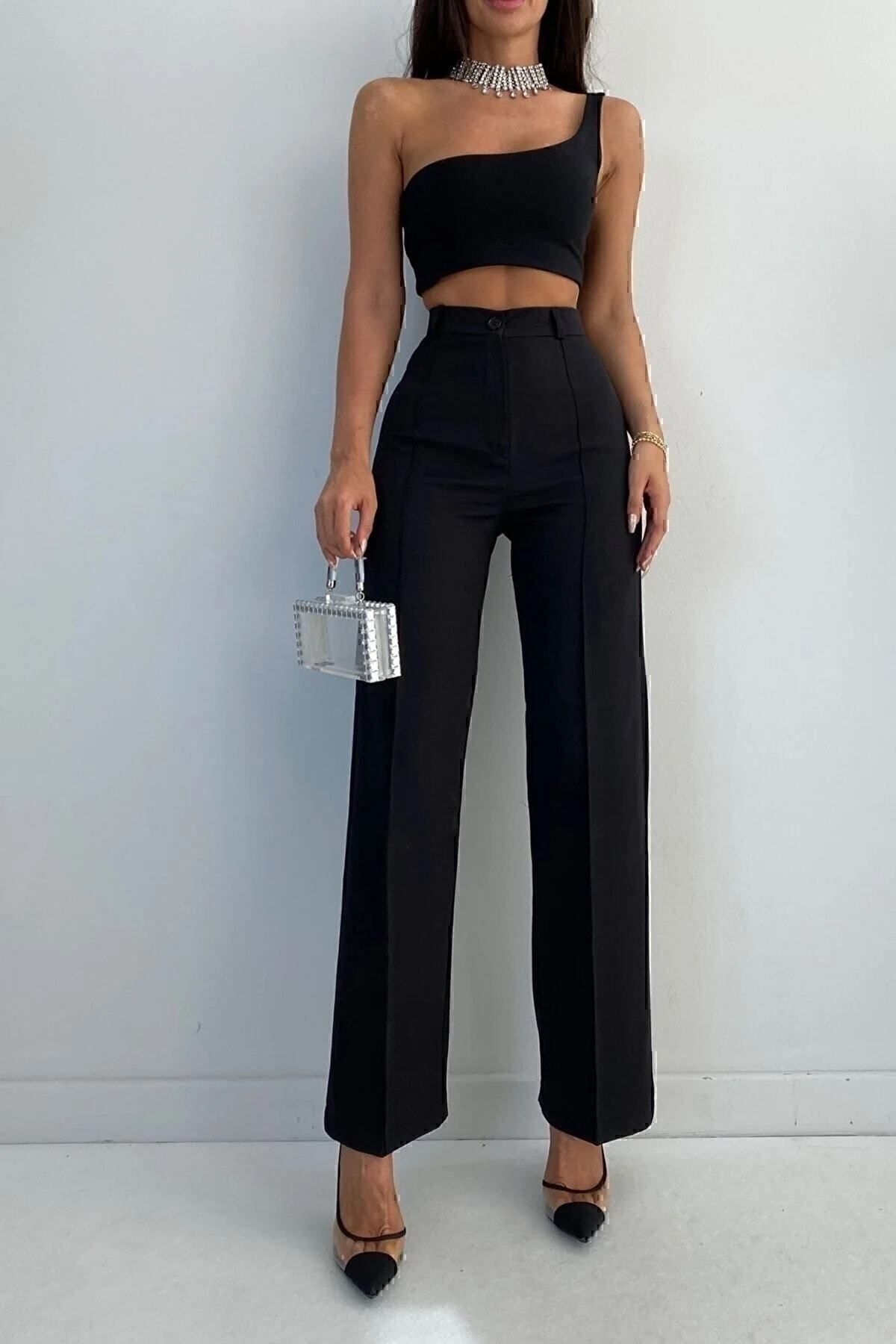 pantalon de récupération taille haute à coutures côtelées noir de la nouvelle saison palazzo pour femmes