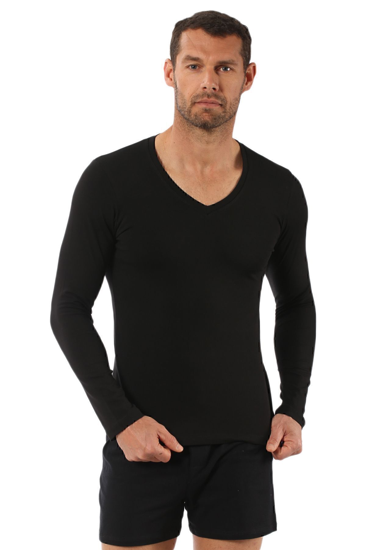 ÖZKAN underwear-تي شيرت رجالي من Özkan 0274 مصنوع من القطن الليكرا الممشط ورقبة على شكل حرف V وأكمام طويلة 3