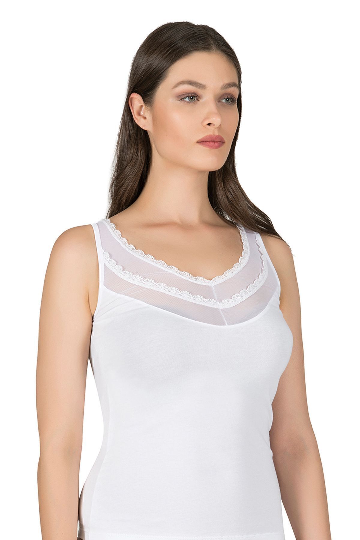 ÖZKAN underwear-Özkan 20582 Γυναικείο βαμβακερό λύκρα μονό ζέρσεϊ με χοντρό λουράκι με λεπτομέρεια από τούλι 4