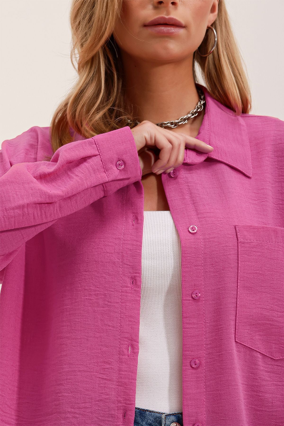 Bigdart-20153 Oversize plátěná košile s jednou kapsou - A.Fuchsia 3
