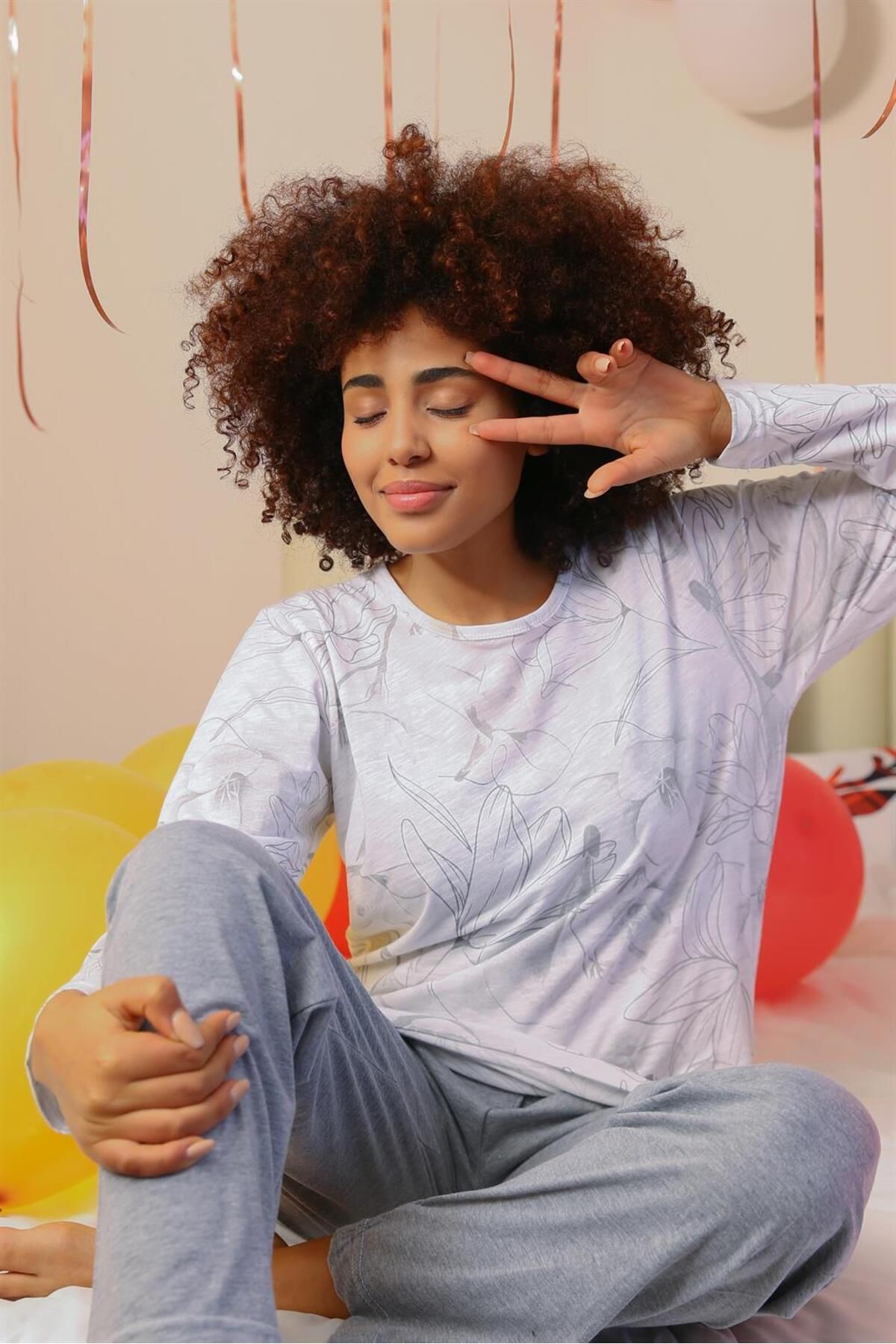 Akbeniz-Set pijamale de damă din bumbac pieptănat cu mâneci lungi - 4203 2