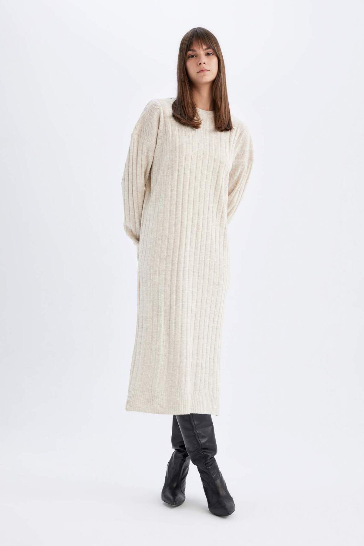DeFacto-Regular Fit Basic Solid Langarm-Strickkleid mit halbem Rollkragen W0986az23wn 5