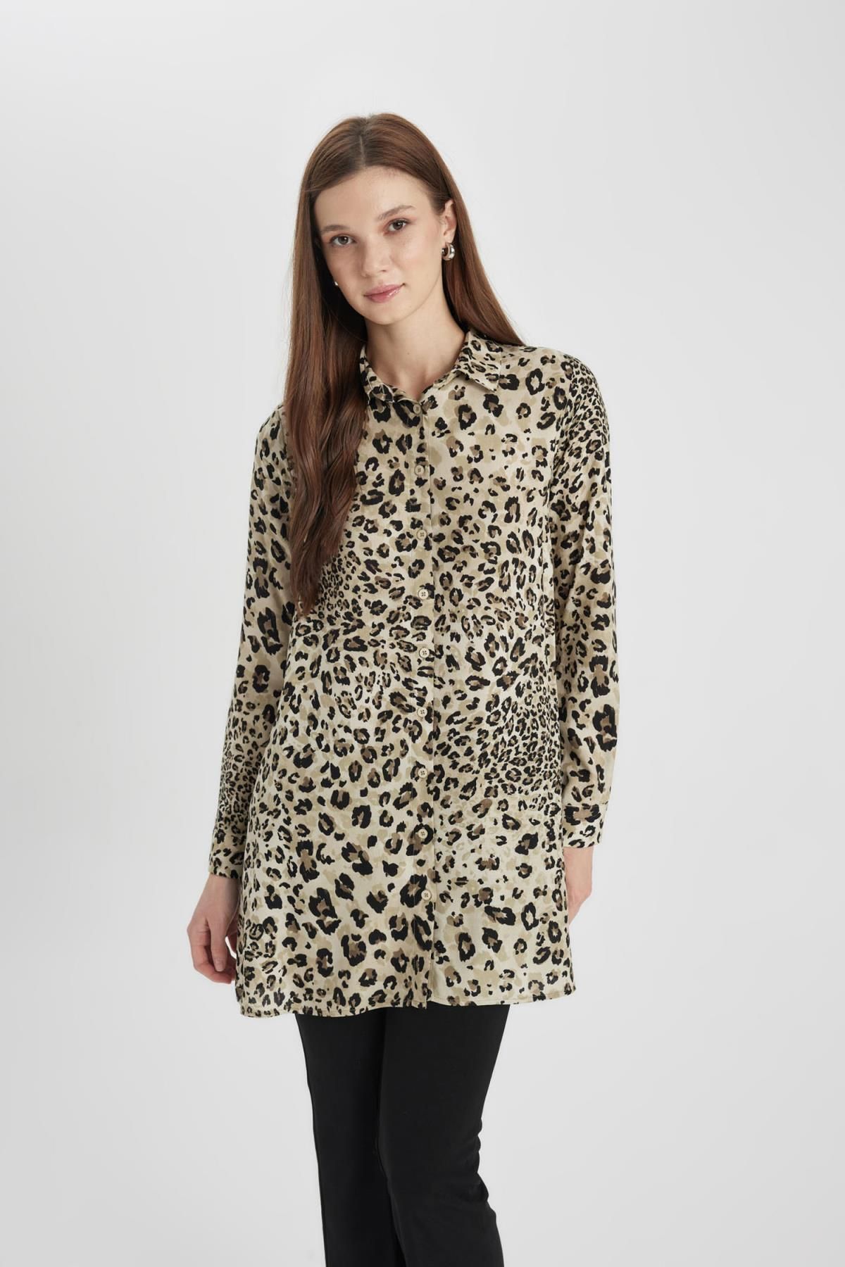 DeFacto-Leopard Patterned Regular Fit Long Sleeve Tunic Shirt Z5833Az24Sp 3
