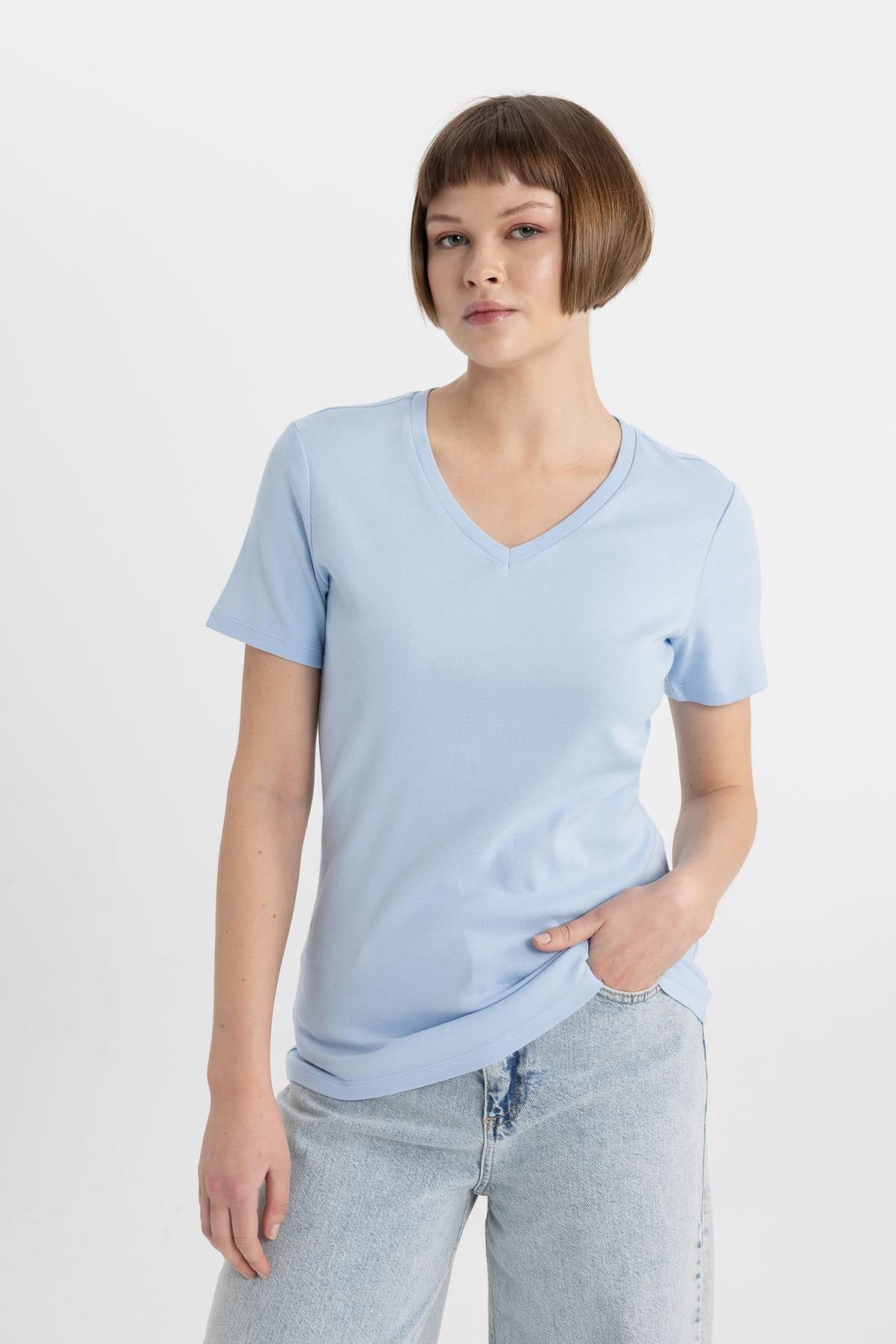 DeFacto Koszulka Z Krótkim Rękawem I Ściągaczem Slim Fit V Neck Rib I1080az24sm Kobieta - XS