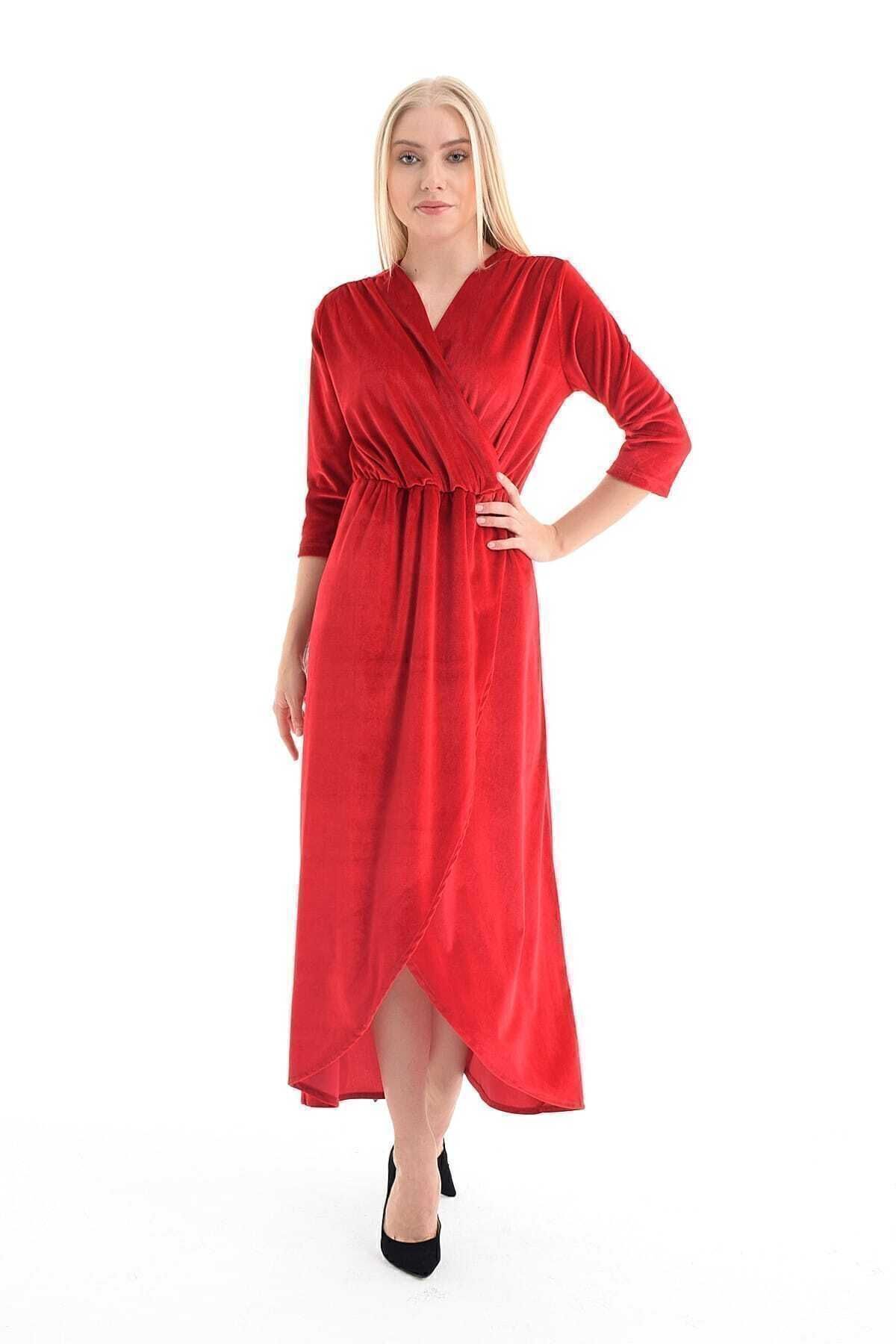 Sense-Women's Red Double Breasted Collar Skirt Split Velvet Dress Elb31776 4