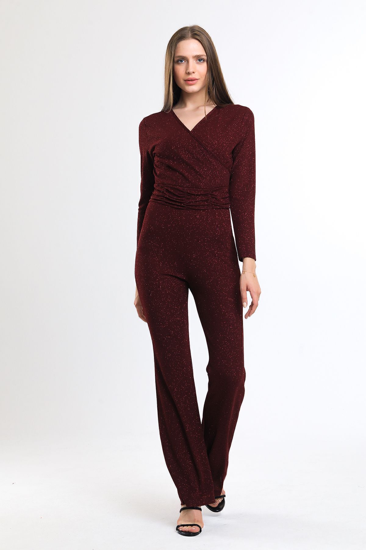 Sense-Double-breasted Glitter Knitted Crepe Evening Dress Jumpsuit| Tlm34170 Claret Red 3