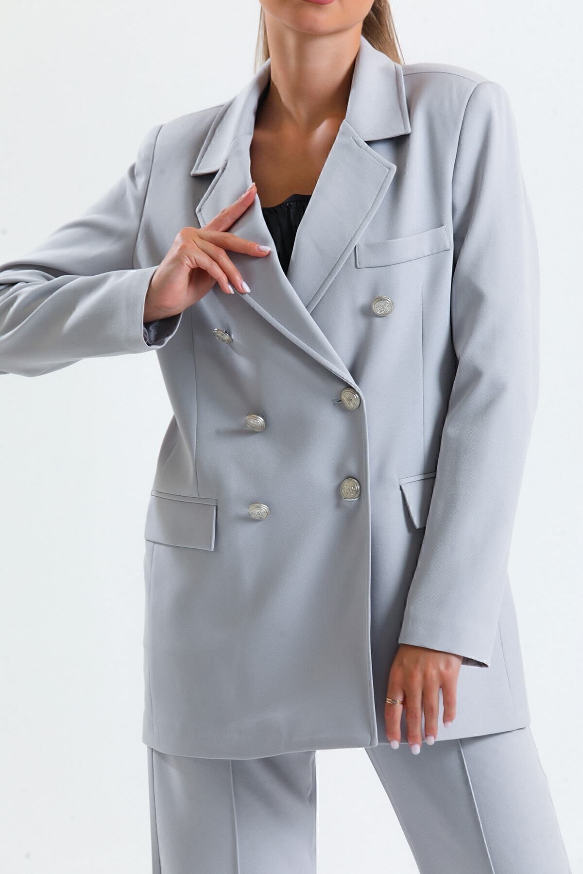 Sense-Gray Oversize Blazer Jacket - Lined Inside, Hürrem Fabric, Ckt34236 6