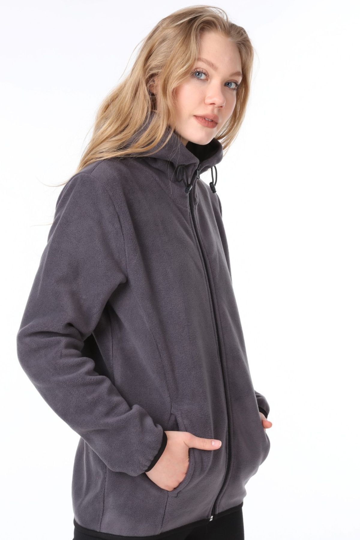 Kadın Fermuarlı Kapüşonlu Polar Sweatshirt — خاکستری 19870019 — تصویر 3 از 4