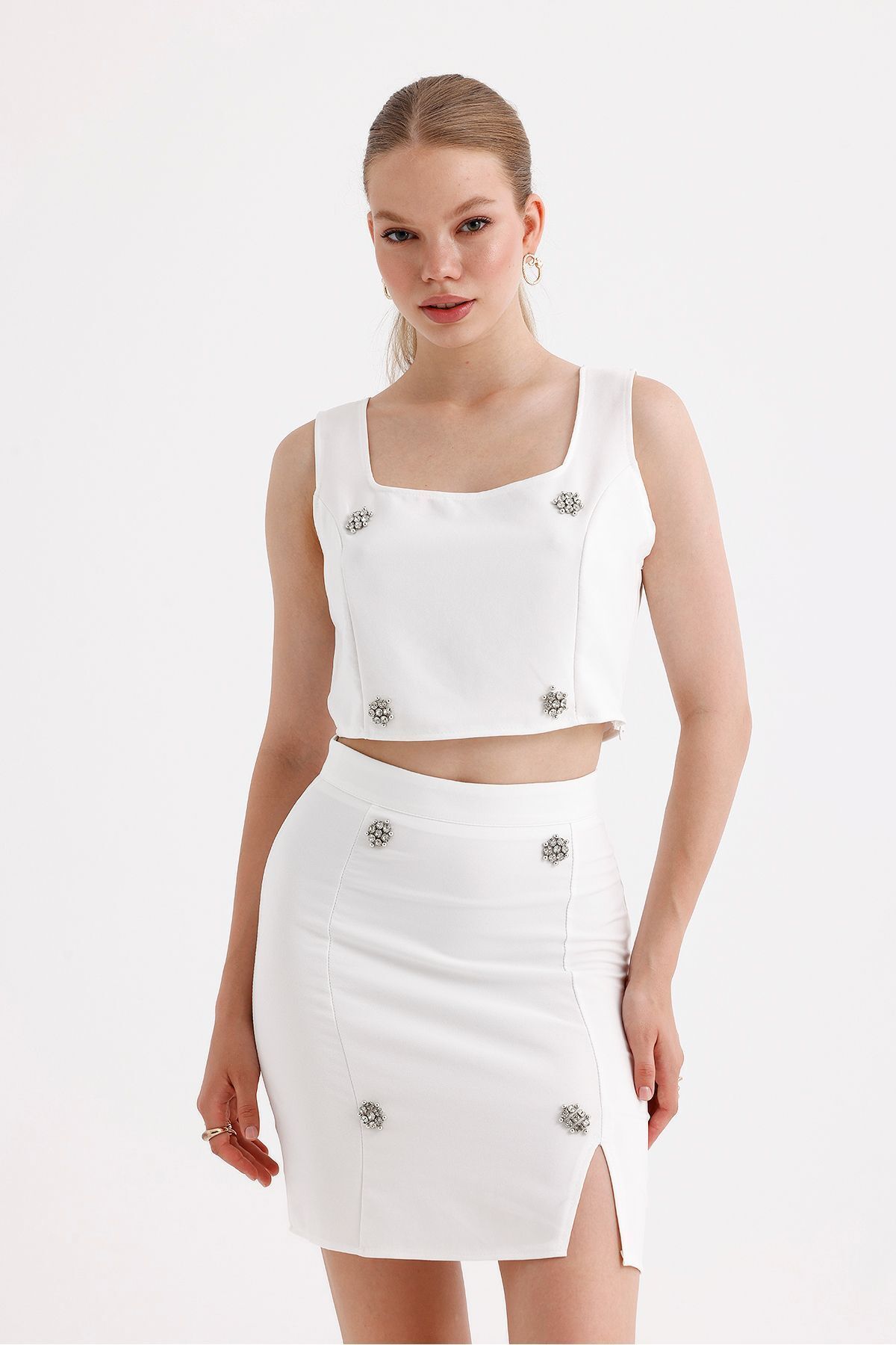 Sense-Ecru Skirt and Blouse 2-Piece Set - Tkm35862 2