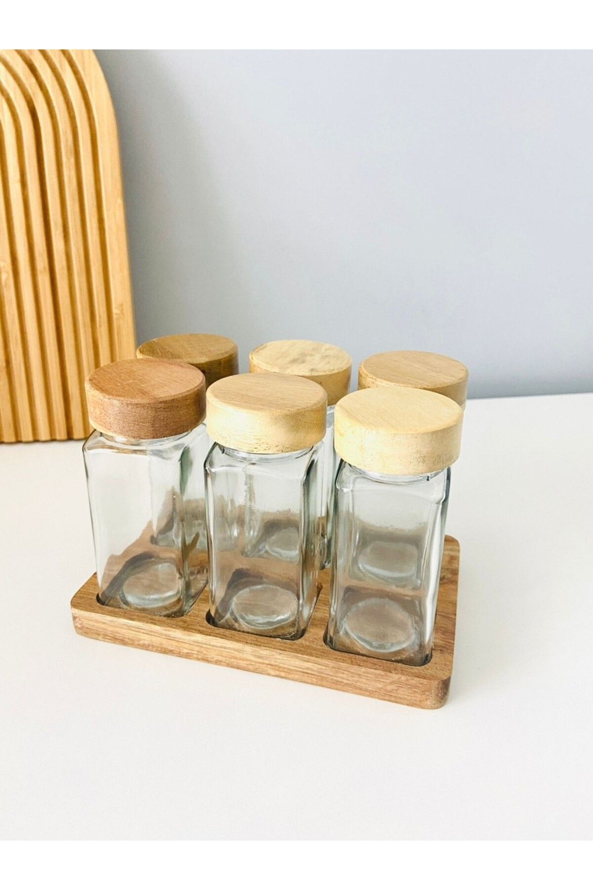 DMR life 6-Piece Acacia Spice Jar Spice Holder with Acacia Stand and Lid