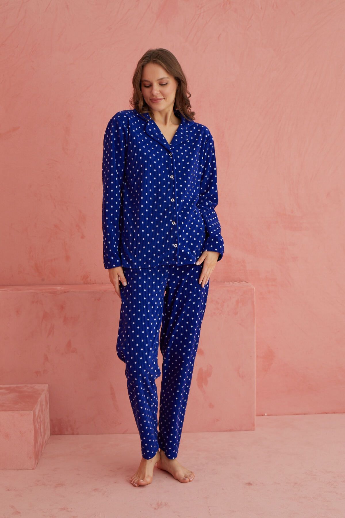ELİTOL-Fleece Pajama Set - Blue, Point Pattern and Buttoned Front 2