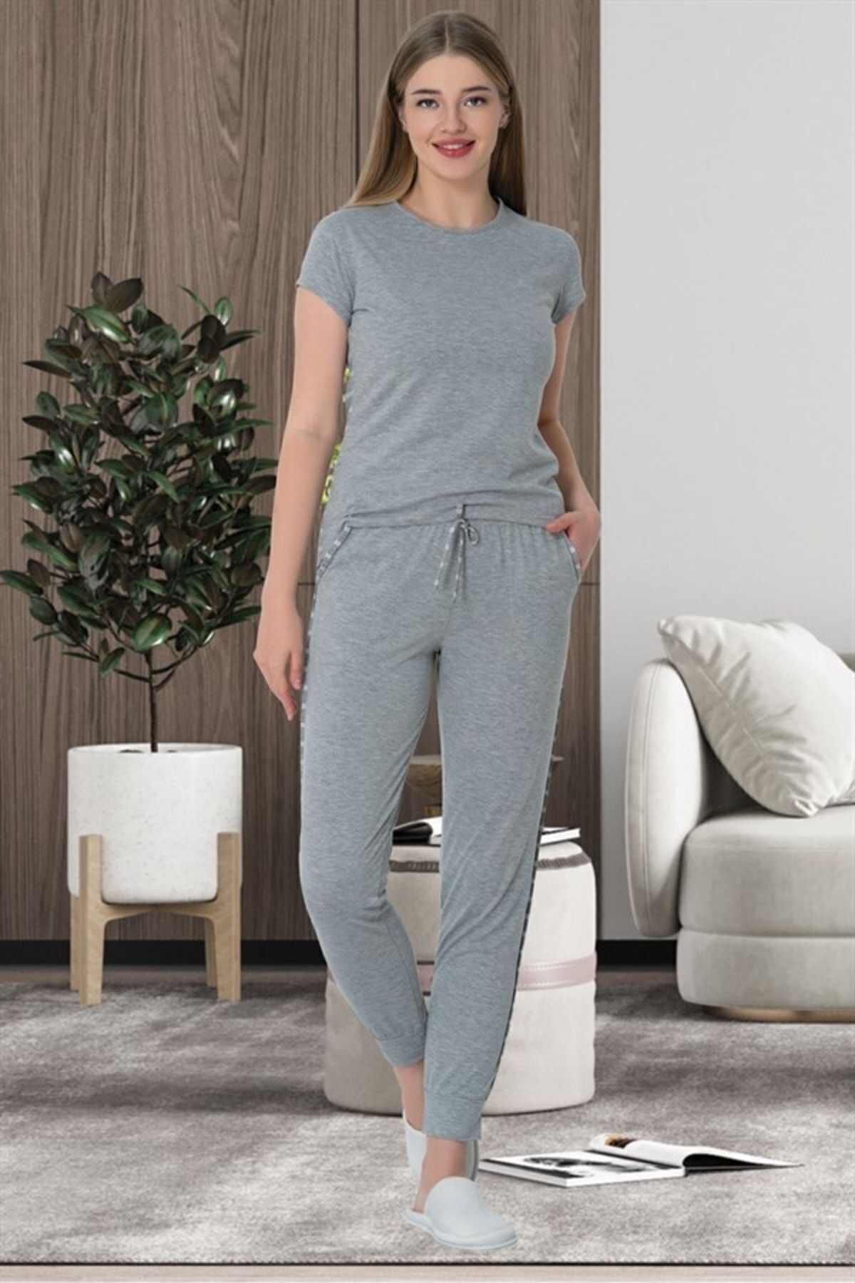 Mecit 5624 Set Pijama Sport Pentru Femei, Cu Dungi Gri, Ecru Femeie - L