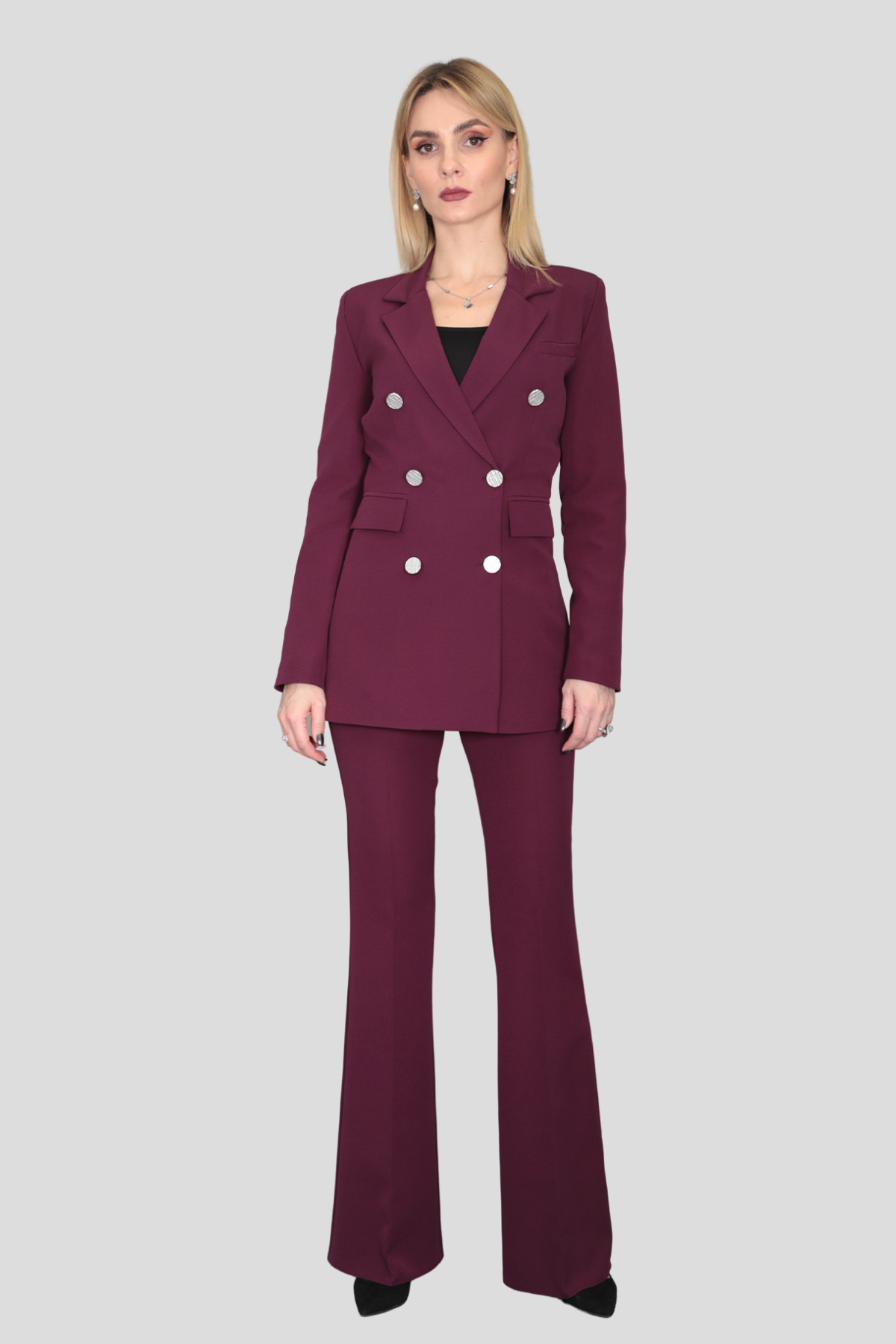 Men's Collar Quilted Blazer Jacket & Spanish Leg Pants-Damson