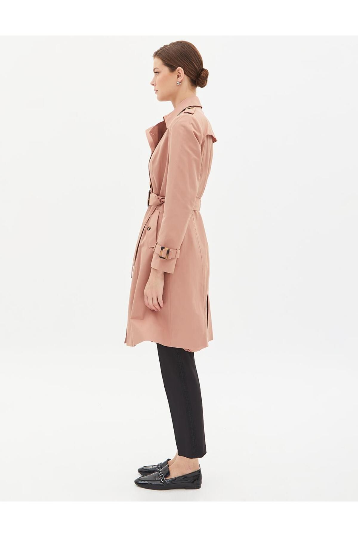 Kayra-Double Breasted Buttoned Belt Detailed Trench Coat Clay 3