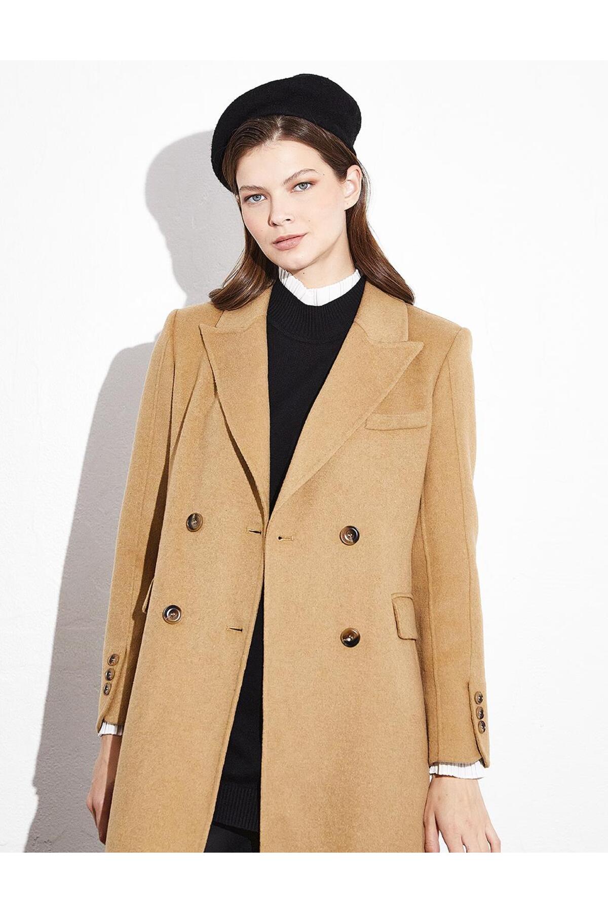Kayra  Premium Yün Çift Düğmeli Kaban Camel - Görsel 2