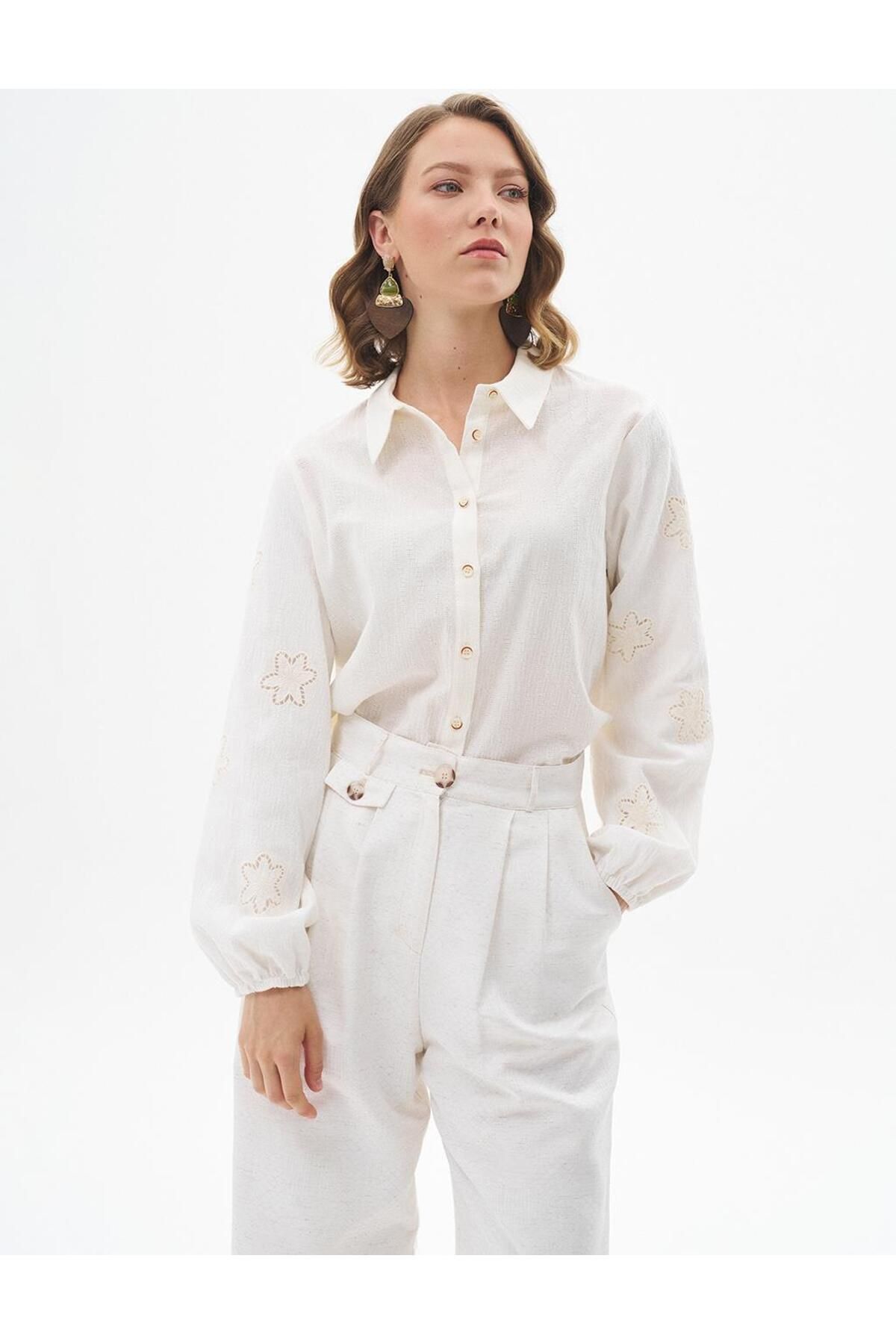 Vivencia-Ecru Cotton Shirt Collar Blouse 1