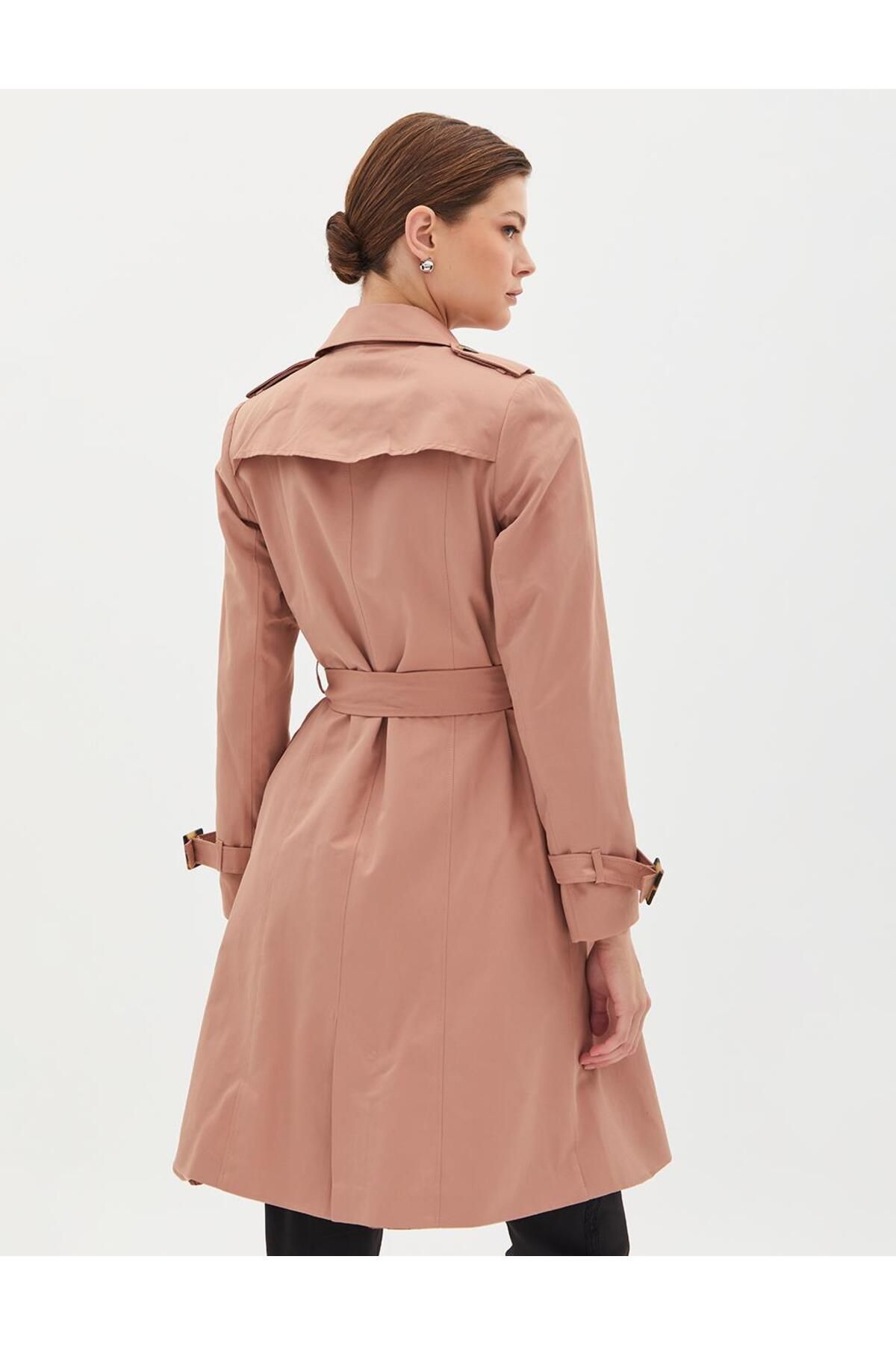 Kayra-Double Breasted Buttoned Belt Detailed Trench Coat Clay 6