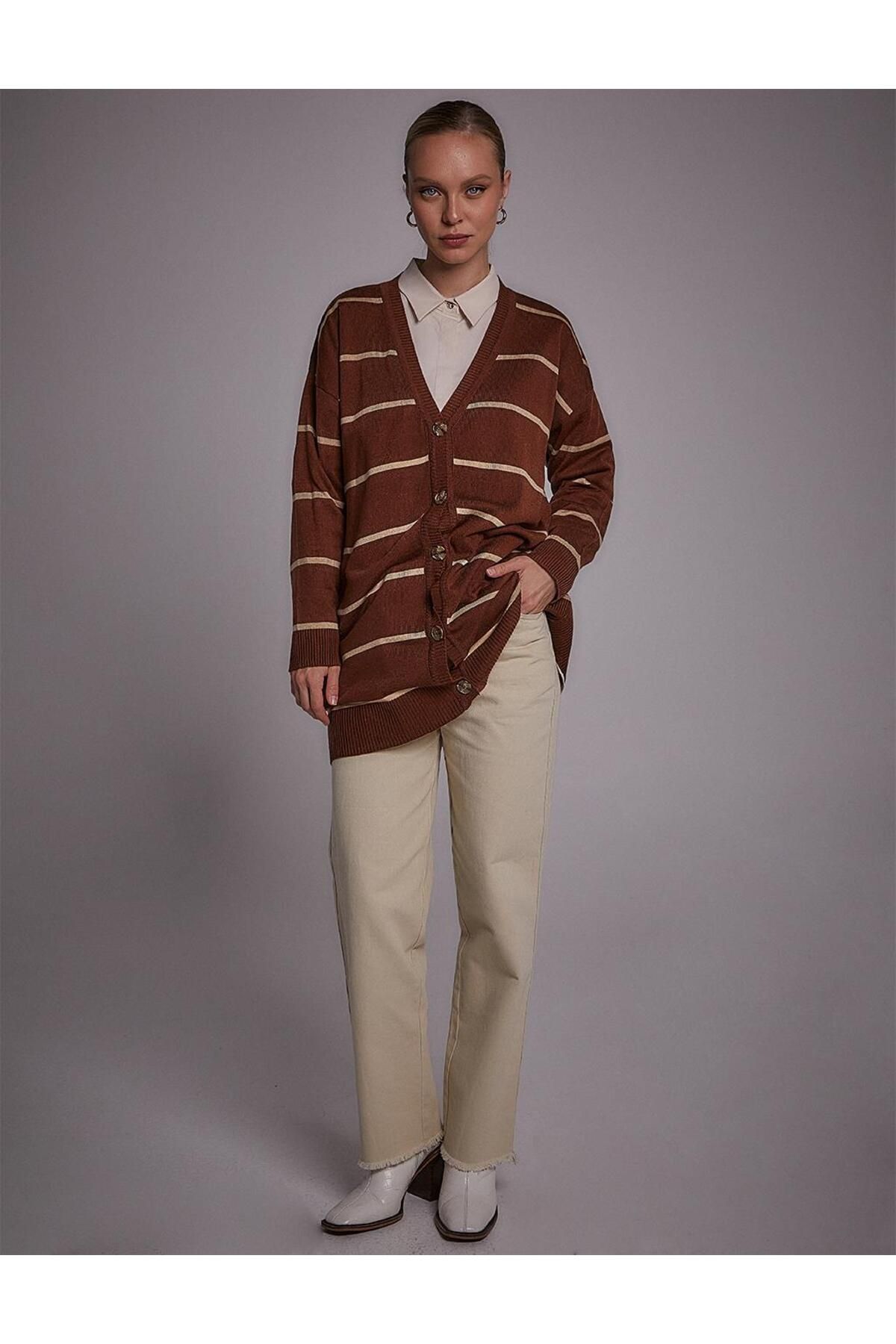 Kayra-Striped Knitwear Cardigan Red Brown-Stone 1