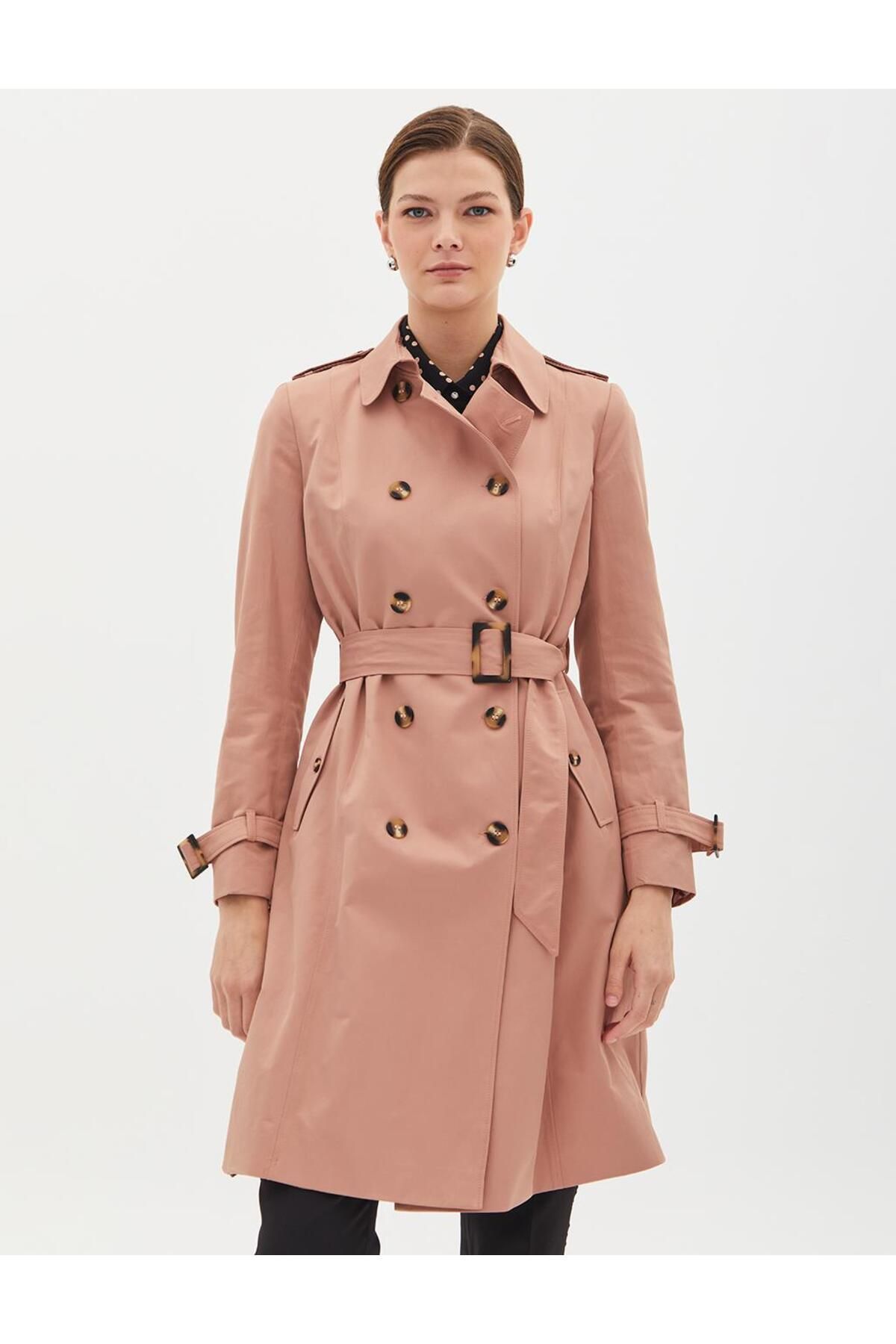 Kayra-Double Breasted Buttoned Belt Detailed Trench Coat Clay 1