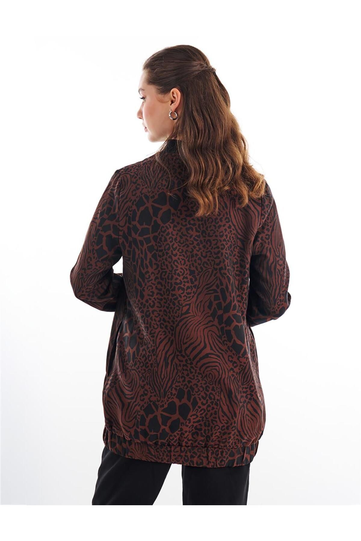KYR-Jachetă cu fermoar cu model Animal Print Maro 3
