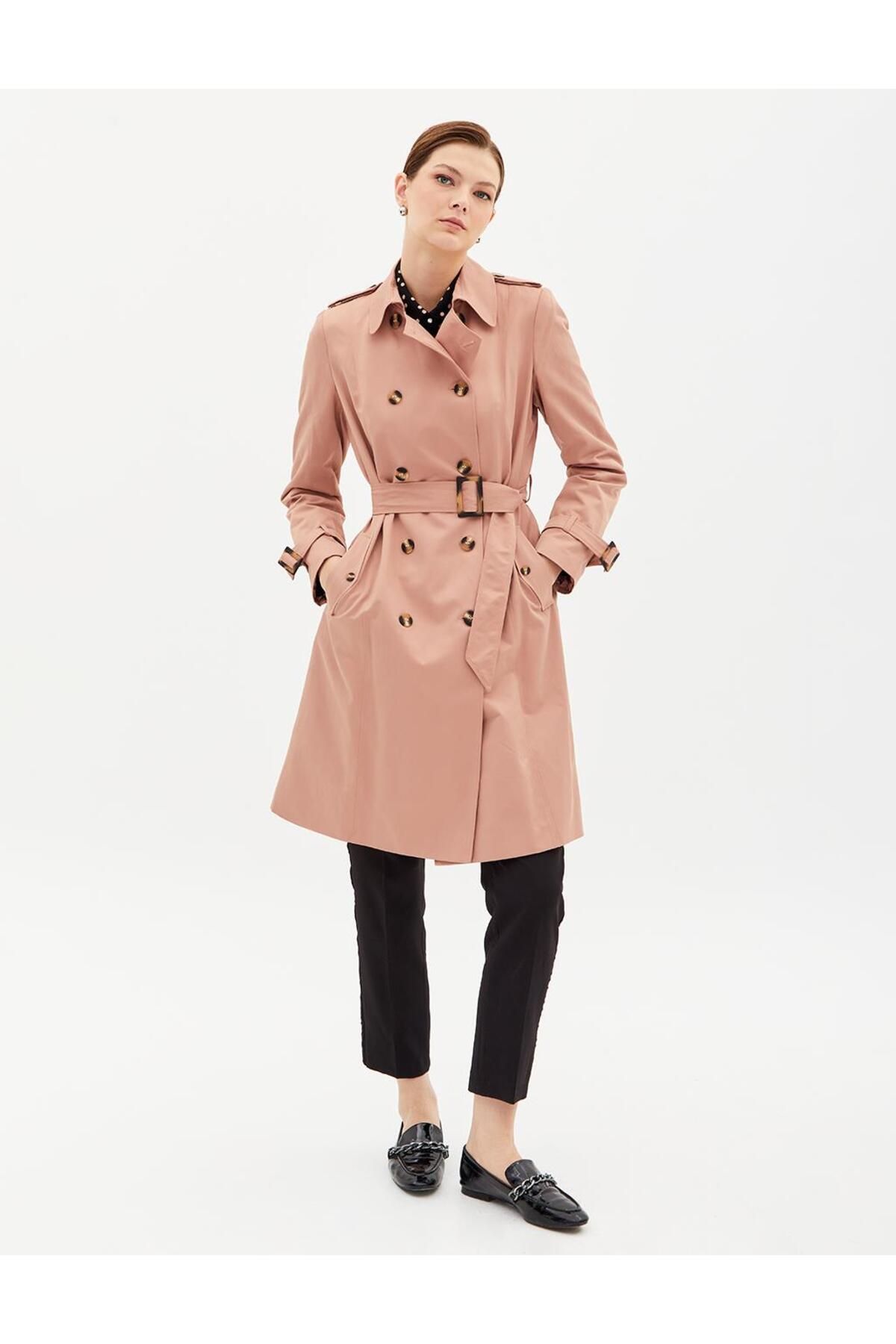 Kayra-Double Breasted Buttoned Belt Detailed Trench Coat Clay 2