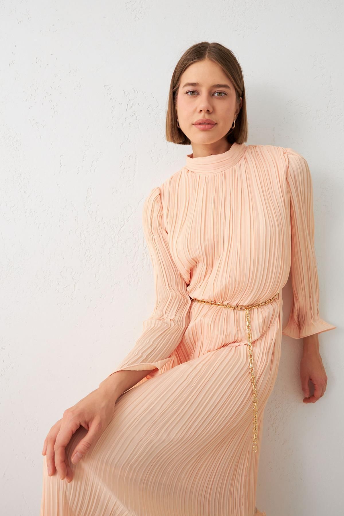 Setre-Light Salmon Turtleneck Waist Belt Detailed Midi Length Wide Fit Dress 4