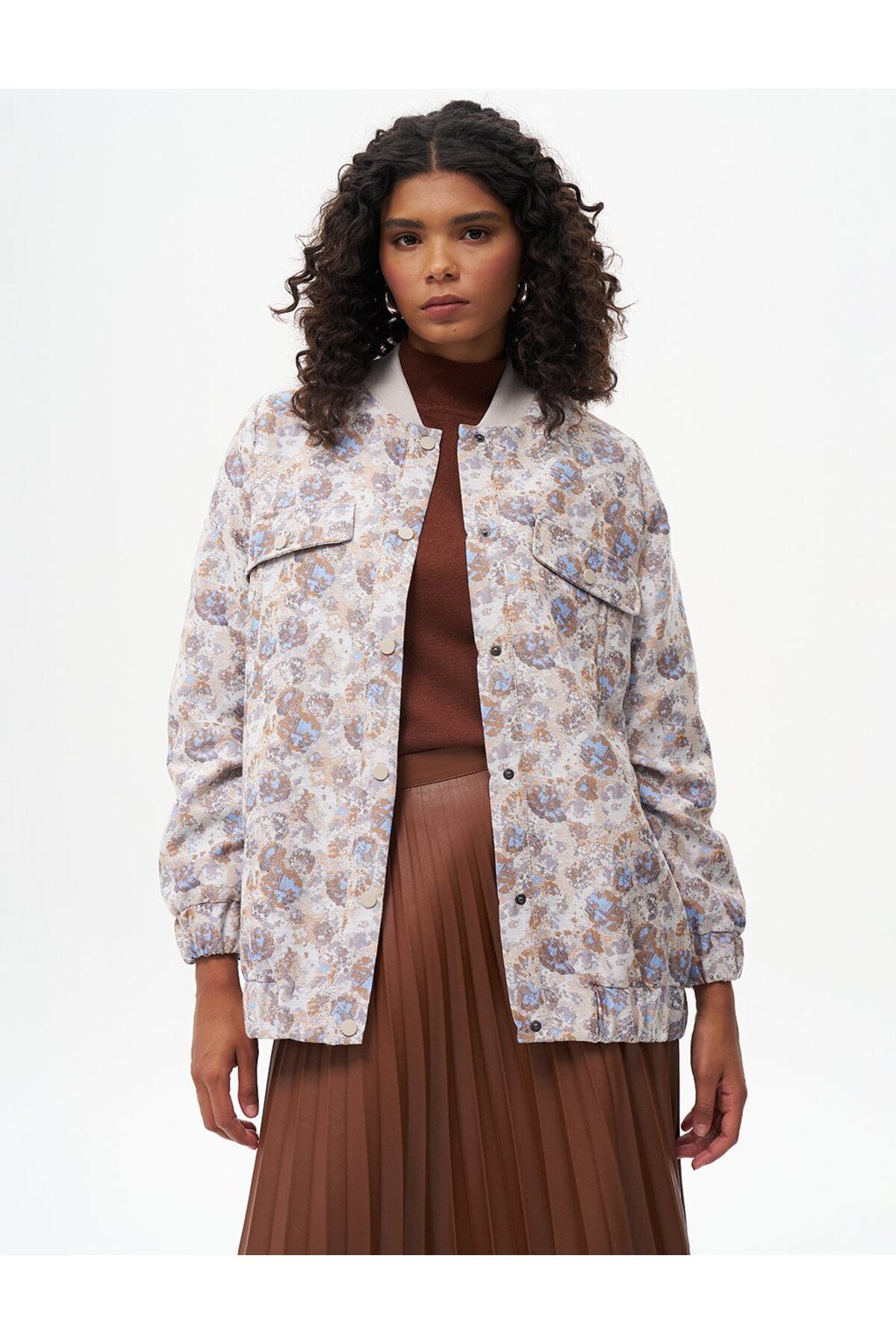 Kayra-Blue Aviator Abstract Patterned Jacket with Pockets 1