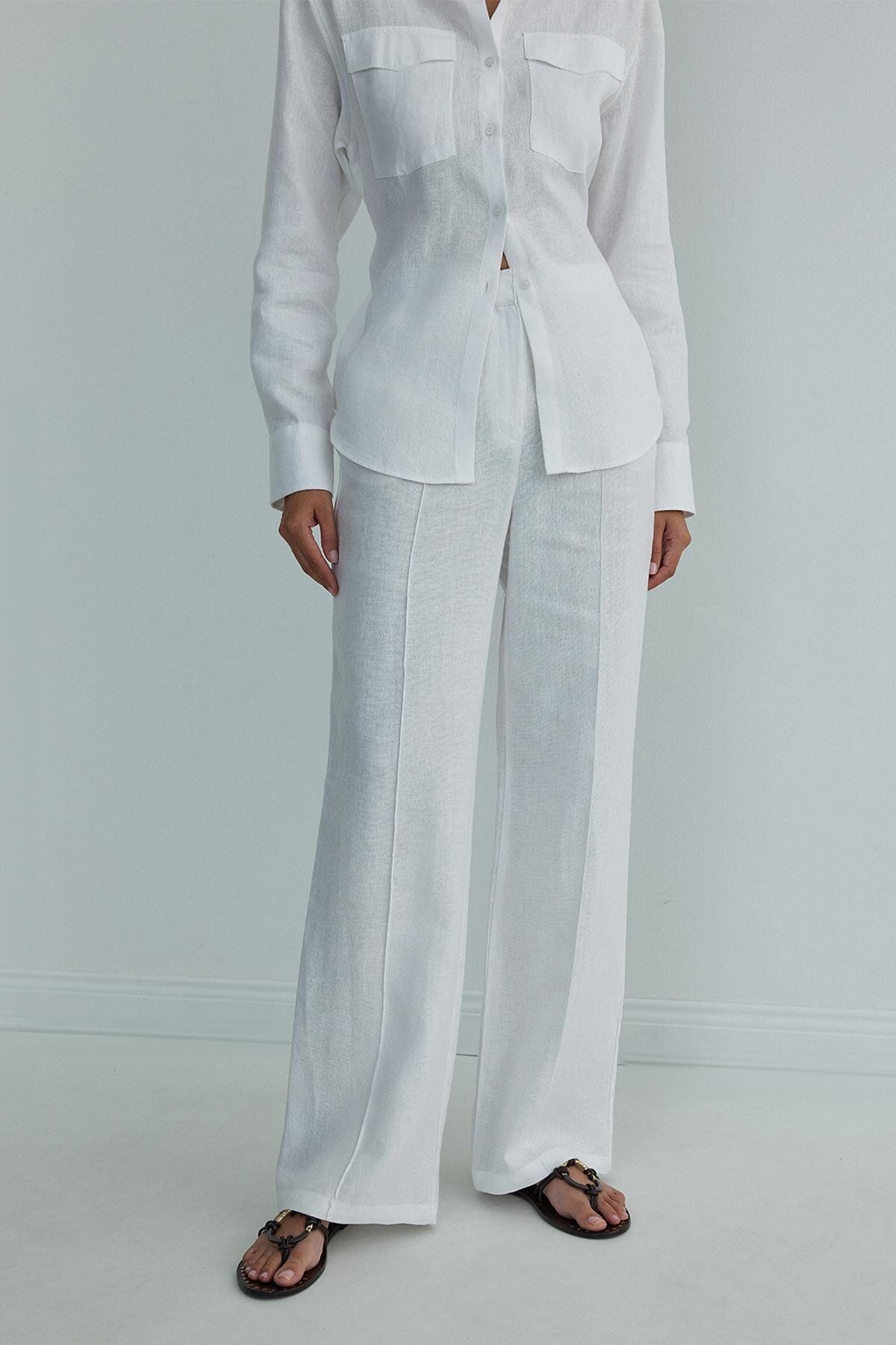 Suud Collection-White 100% Linen Shirt with Oyster Waist Belt 5