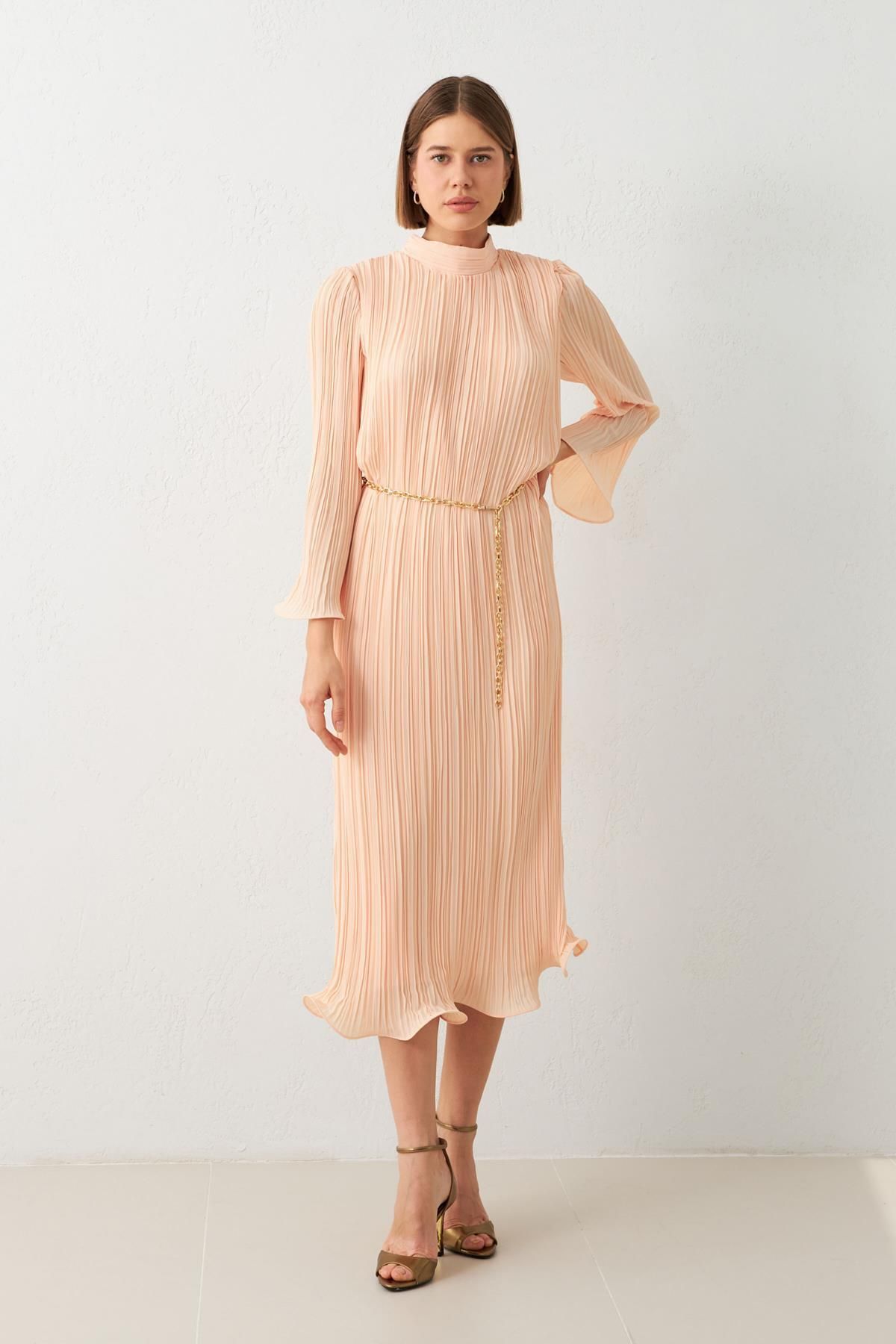 Setre-Light Salmon Turtleneck Waist Belt Detailed Midi Length Wide Fit Dress 3