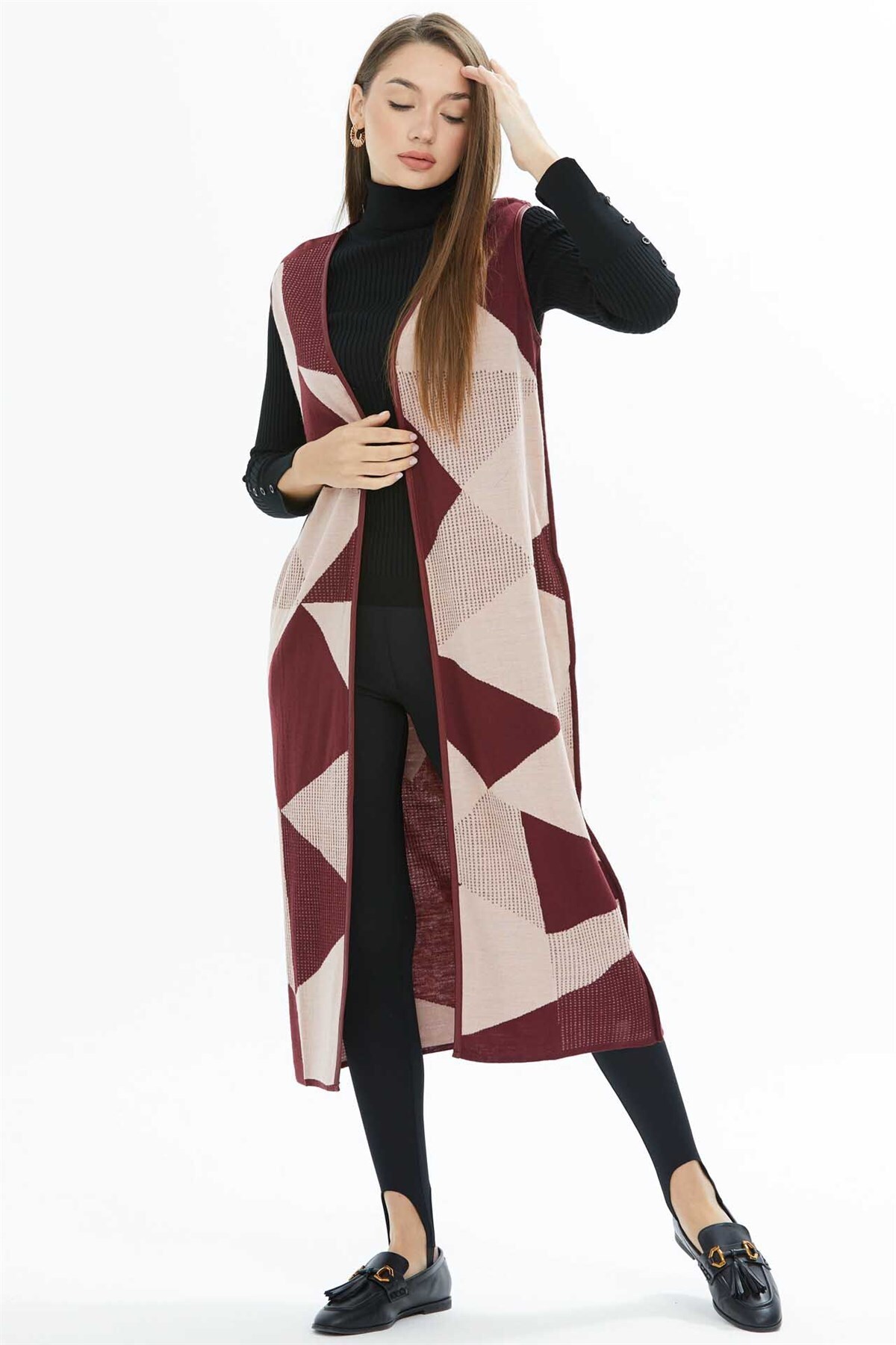 Two Mail-Long Knitwear with Piping Detail Claret Red-Powder 3
