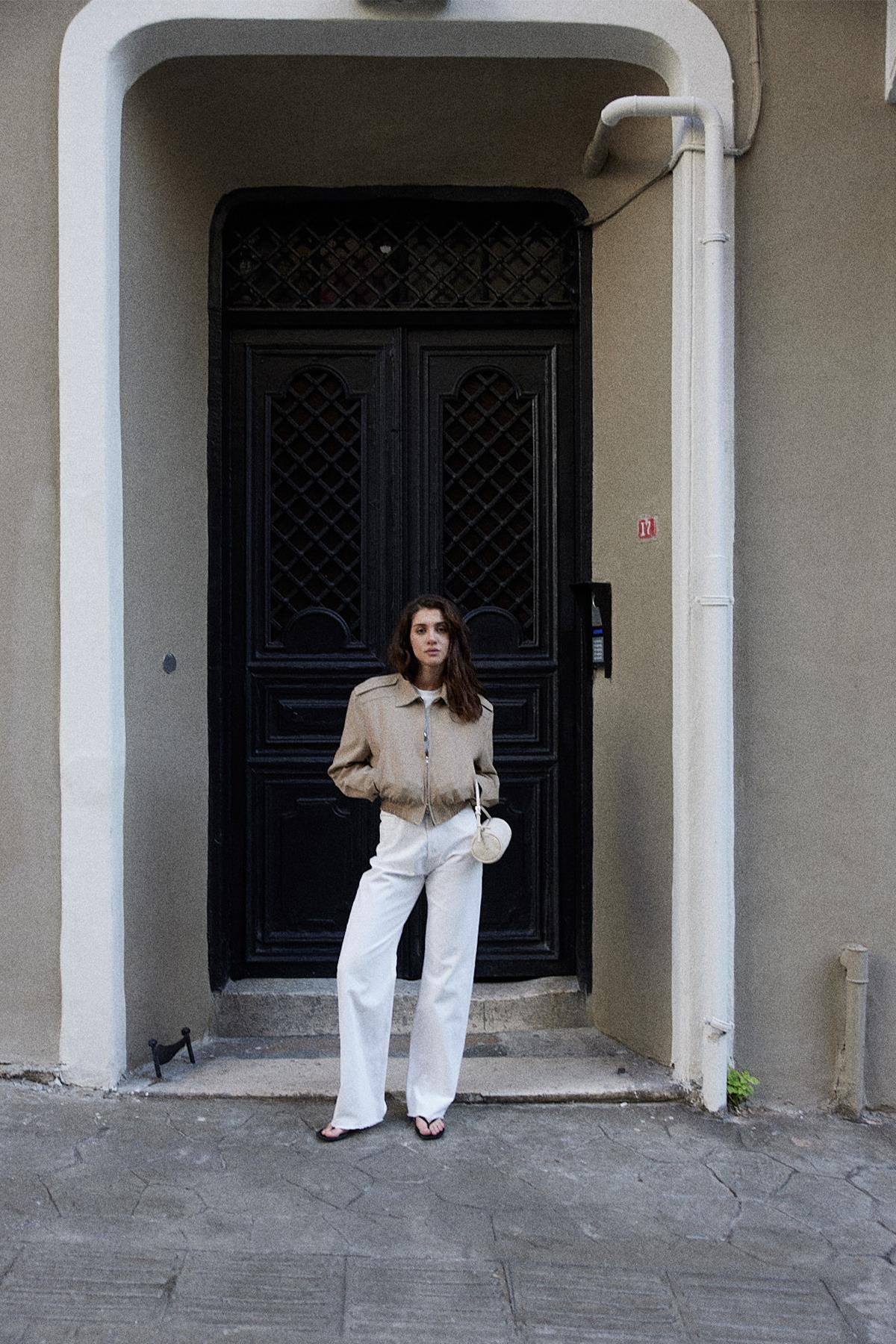 Suud Collection Camel Cooper Crop Bomber Ceket görsel 4